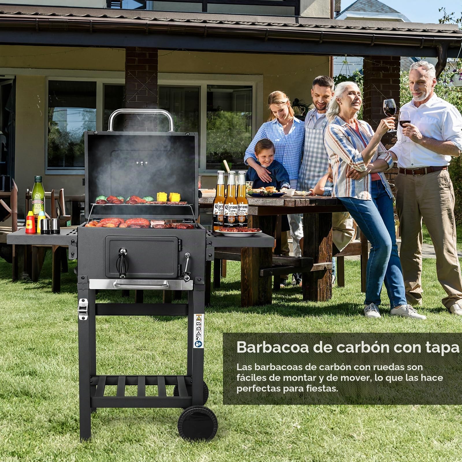 LIFERUN Parrilla Barbacoa Carbon con Tapa, BBQ Smoker, Parrilla con Carrito, con 2PCS Ruedas, Termómetro, Barbacoa de Carbon para Camping y Jardín, 96x98x44,5 cm