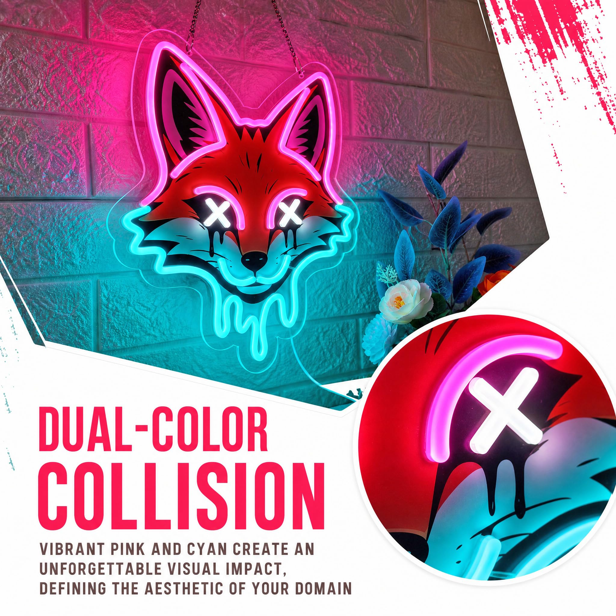 Cyberpunk - Letrero de neón LED rosa y azul hielo para decoración de pared, 14.5 x 12.6 pulgadas, letrero de neón de animales estéticos oscuros con cable USB de 6.5 pies, luces de neón de zorro
