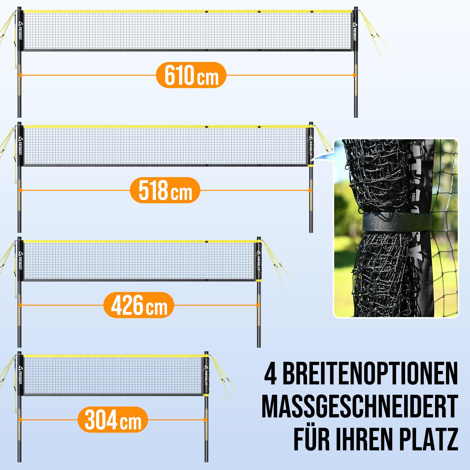 Filet de badminton portable pour le jardin, 3 largeurs réglables, filet de sport 6/5,1/4,2 m avec 4 raquettes de badminton, 3 supports de volants et sac de transport pour l'intérieur et l'extérieur - 4