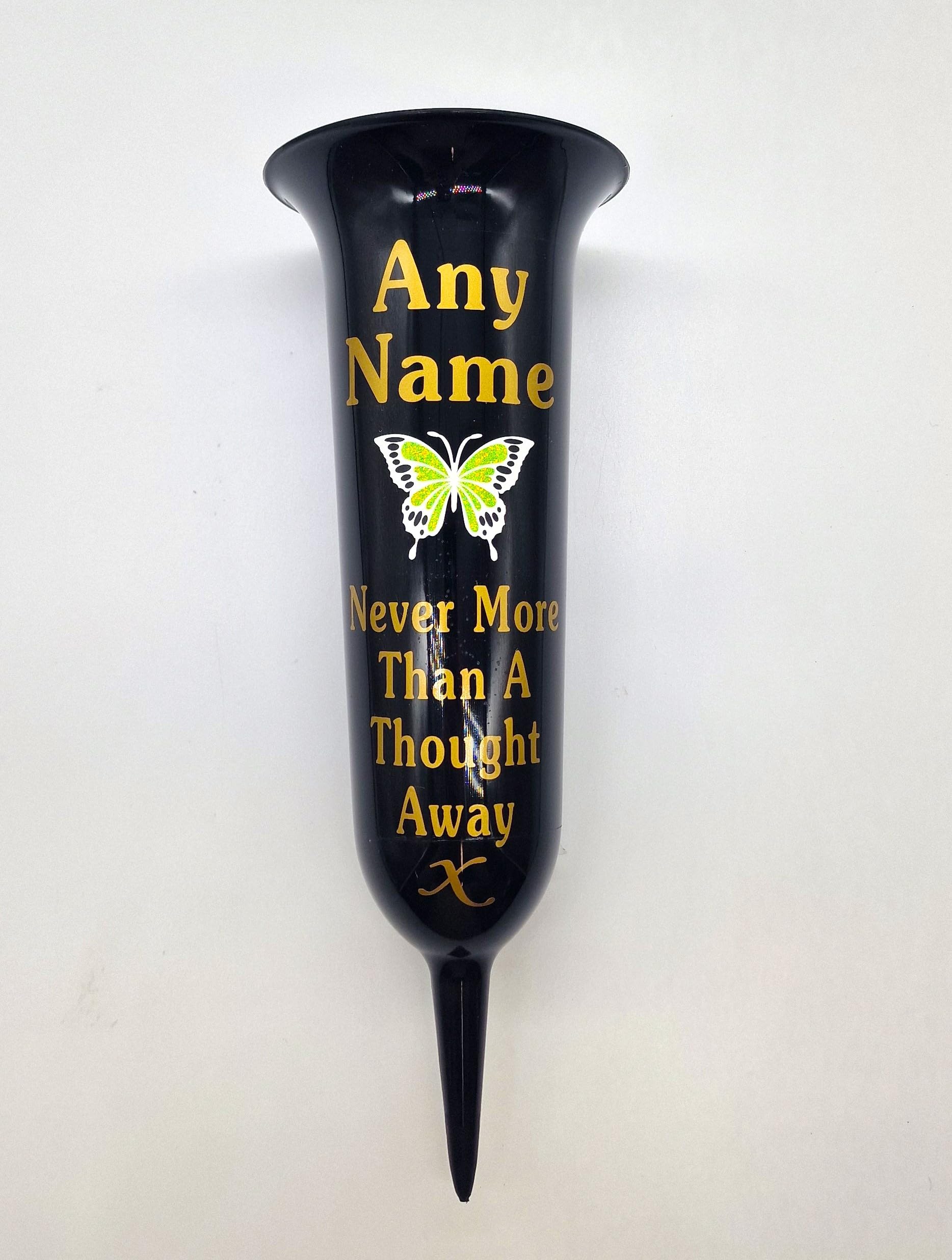 Personalised Memorial Grave Vase with Butterfly Design, Never More Than A Thought Away, Available (Black Glossy - Green Butterfly - Gold Writing)