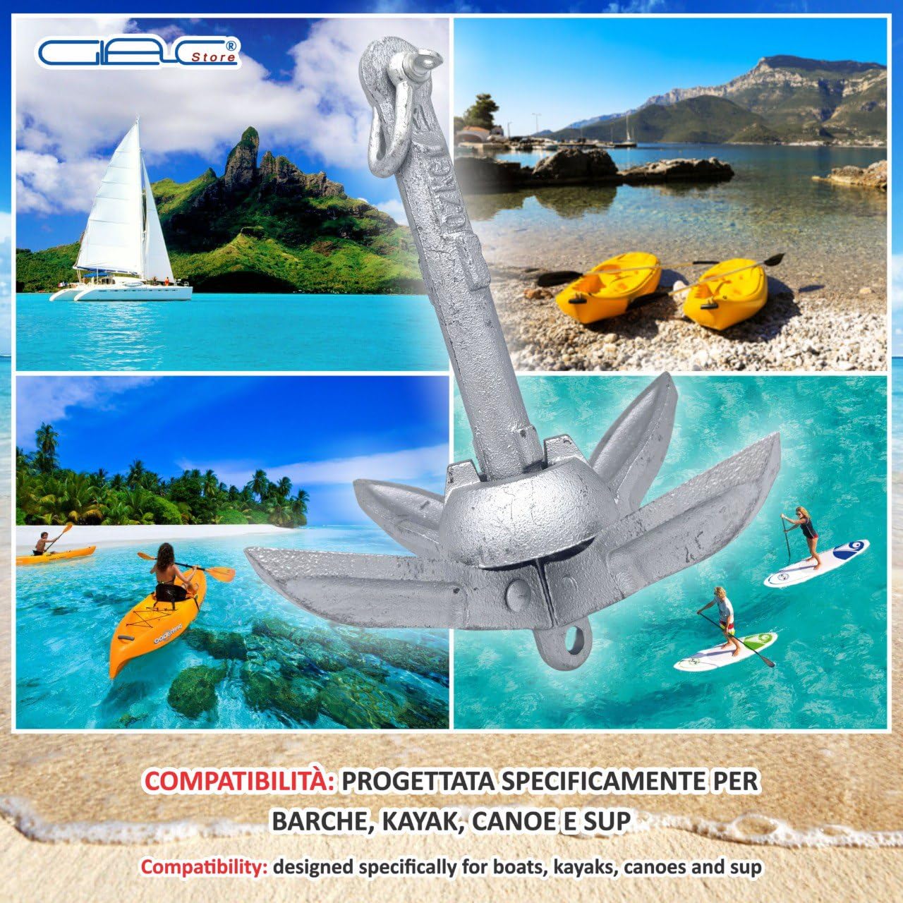 Ancora ad Ombrello Pieghevole in Acciaio AISI 316, 0,7 kg, 160x180 mm, con Cima 8 m e Moschettone, per Pesca e Kayak