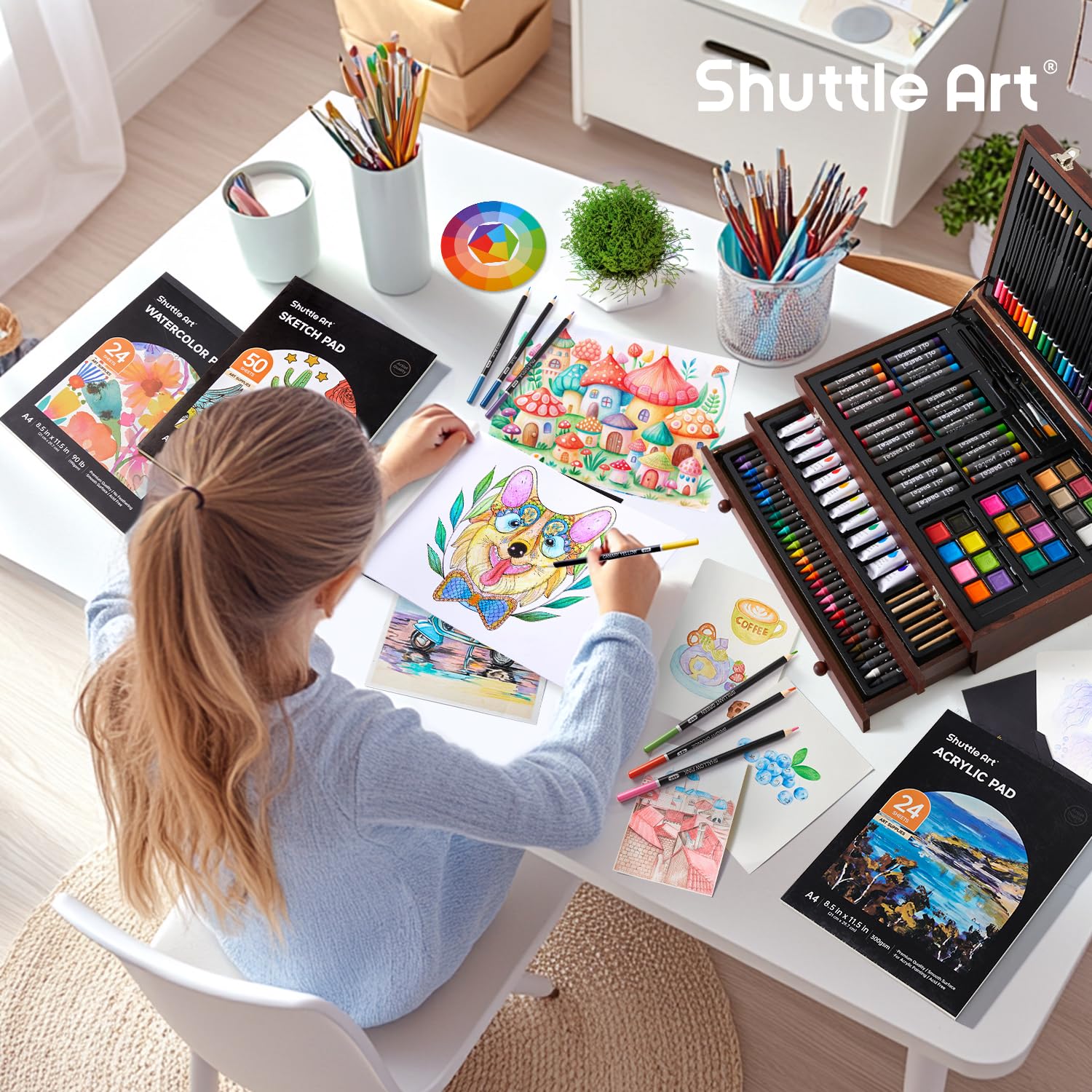 Shuttle Art Kit artistico deluxe da 202 pezzi in legno con blocchi da disegno, tele, fogli da colorare, colori acrilici, pastelli e matite colorate