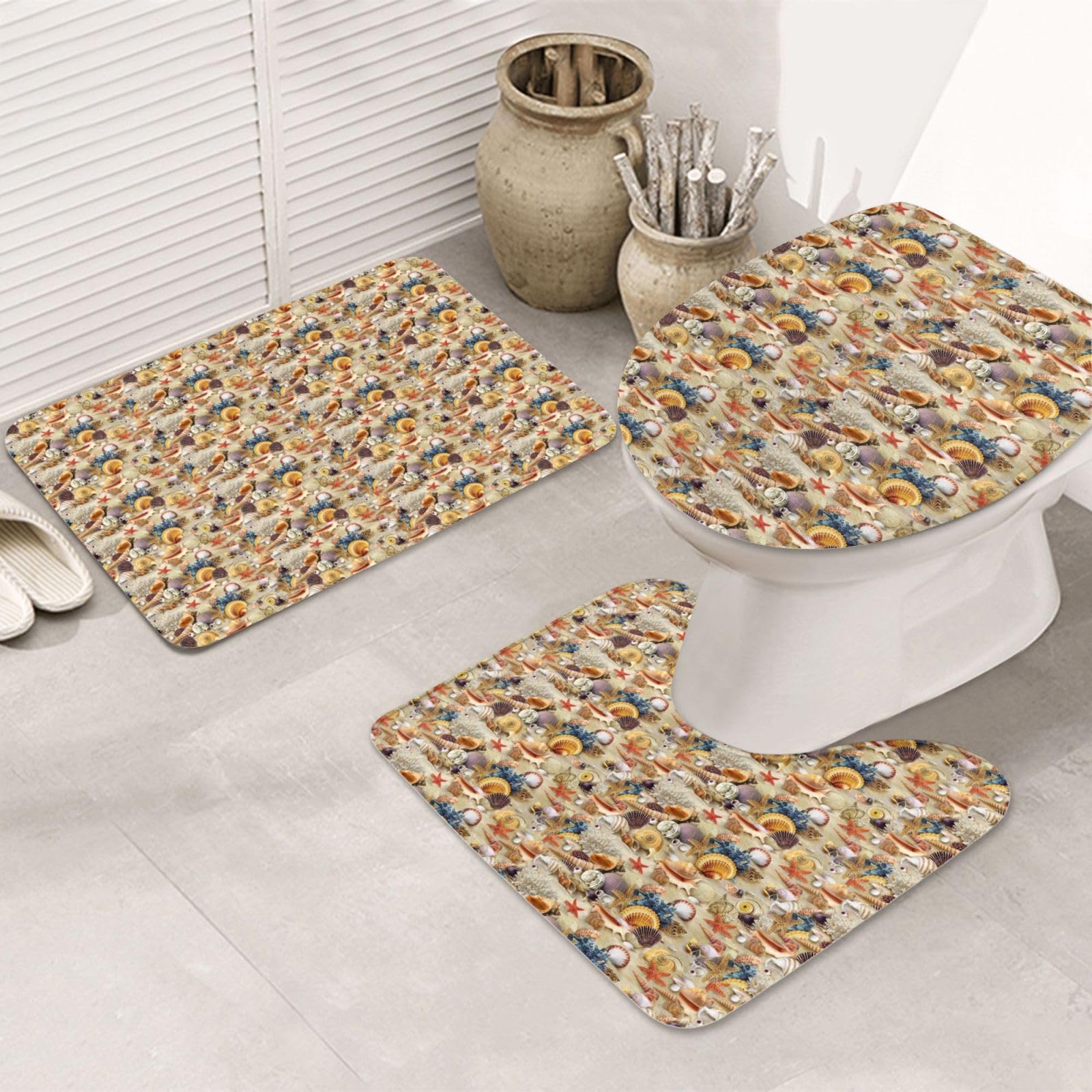 BREAUX Estrella de mar Conchas Arena Playa Tema de impresión antideslizante alfombra de piso piso baño piso antideslizante ducha manta 3 piezas Set