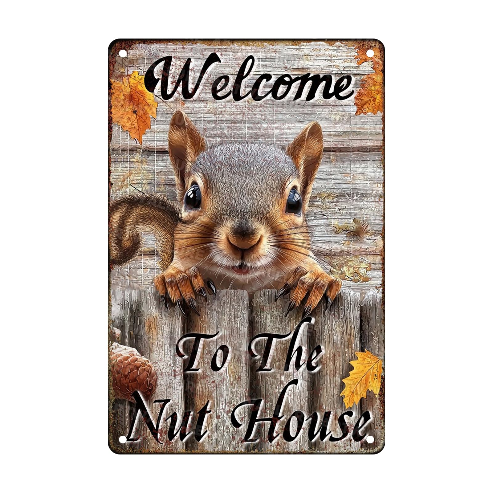 Squirrel Vintage Sign Cute Welcome Squirrel Metal Sign Fall Harvest Nut House Decor Funny Yard Decor 8x12inch