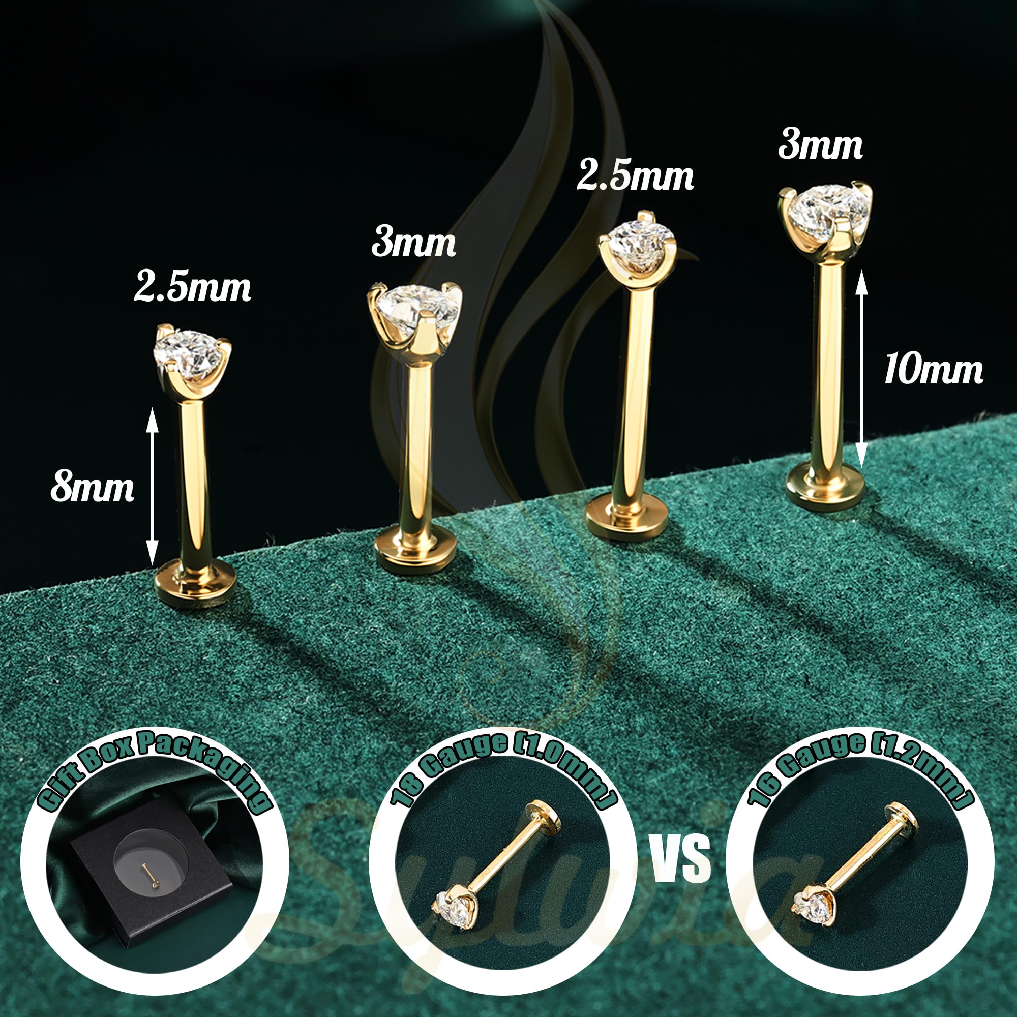 SYLWIA Piercing para labios de oro real de 14 quilates, 16 g de hilo interno, joyería Ashley para labios, diamante de imitación CZ – 2,5 mm 3 mm, 18 g, nariz, caracola, hélice, tragus, labret para