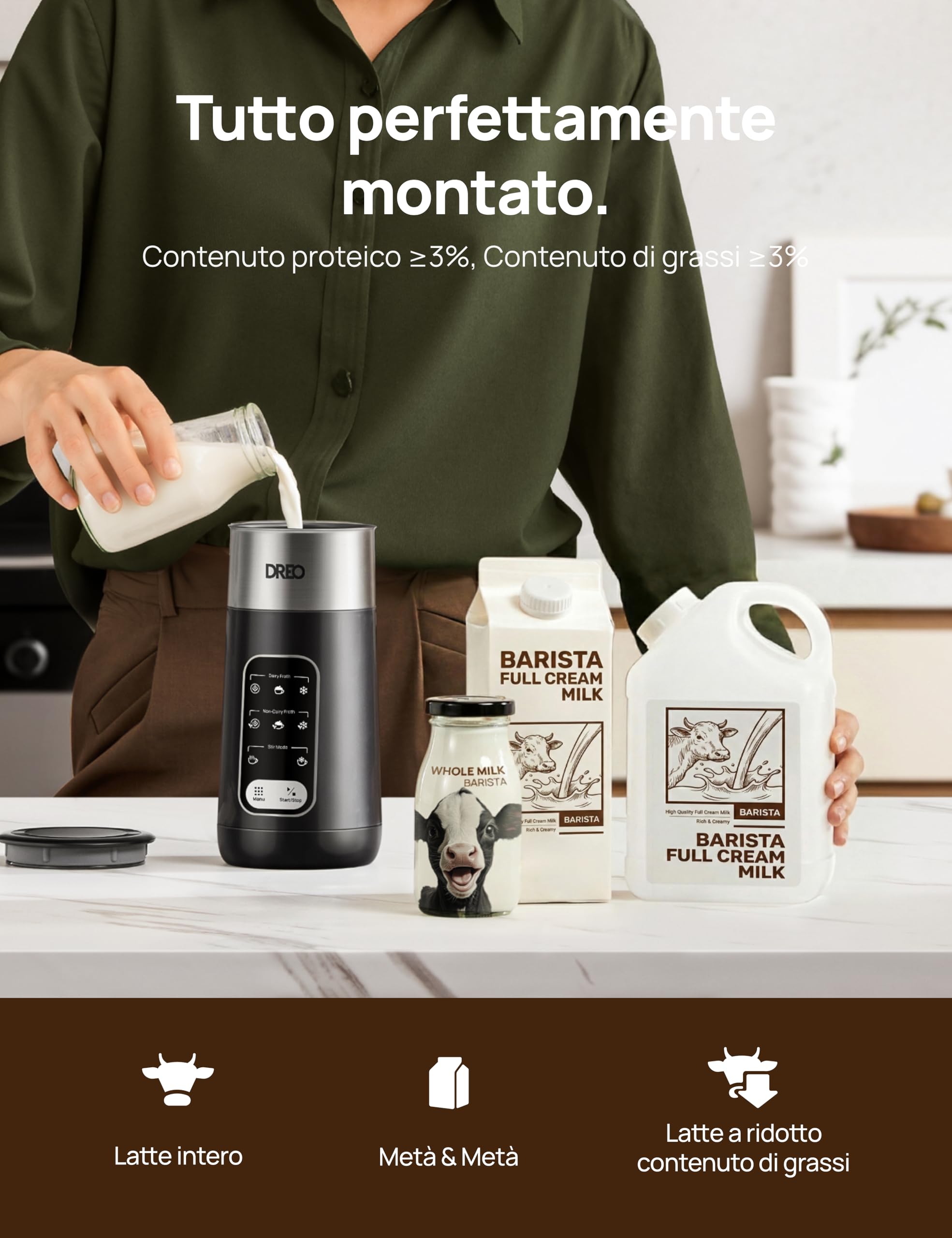DREO Montalatte Elettrico, 8-in-1 Montalatte per Latte, Cappuccino, Cioccolata Calda, 270ml Milk Frother in Acciaio Inossidabile per Schiuma Calda e Fredda, LED, Facile da Pulire