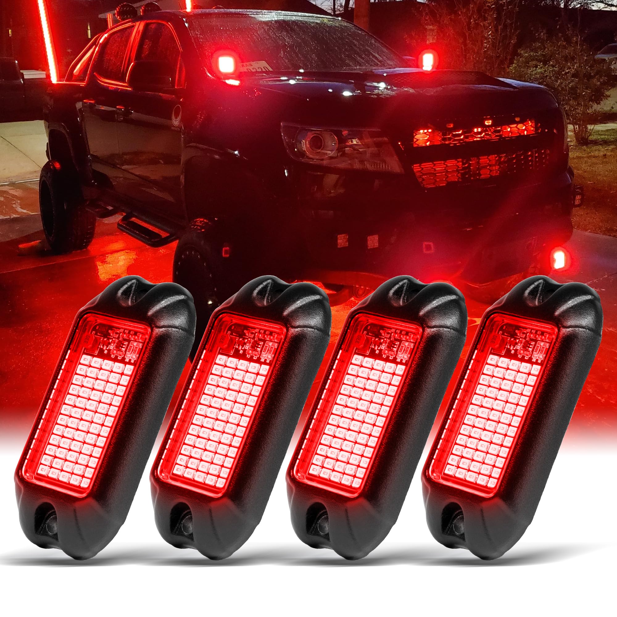 Nicoko 4Pods Pure Red LED Rock Lights 72 pcs LEDs high Power Rock Lights Neon Underglow Light for Car Trucks ATV UTV SUV Boat Underbody Glow Trail Rig Lights IP68 Waterproof