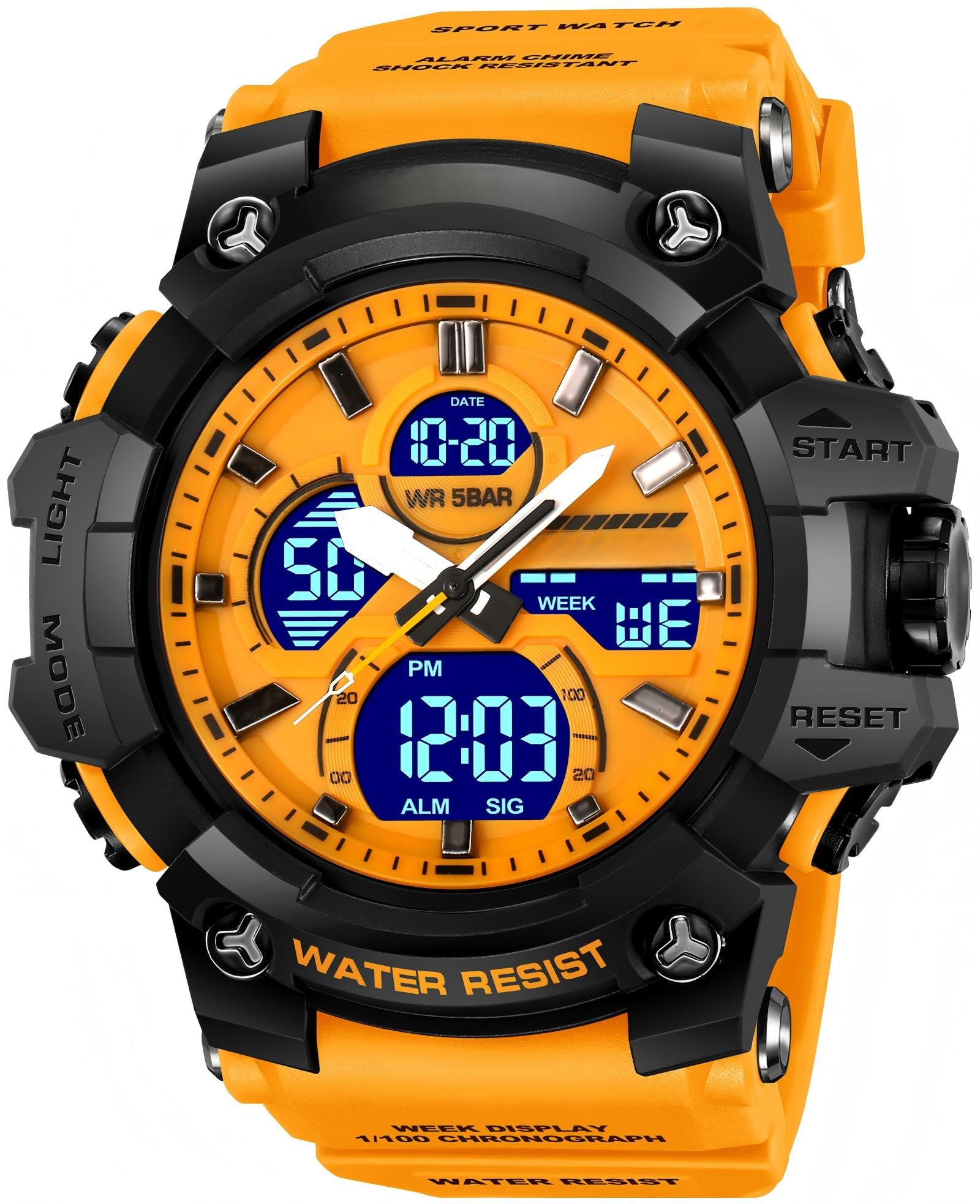findtime Orologio militare da uomo, robusto, per attività all'aperto, analogico, con allarme doppio, 12/24H, data settimanale, cronometro bianco
