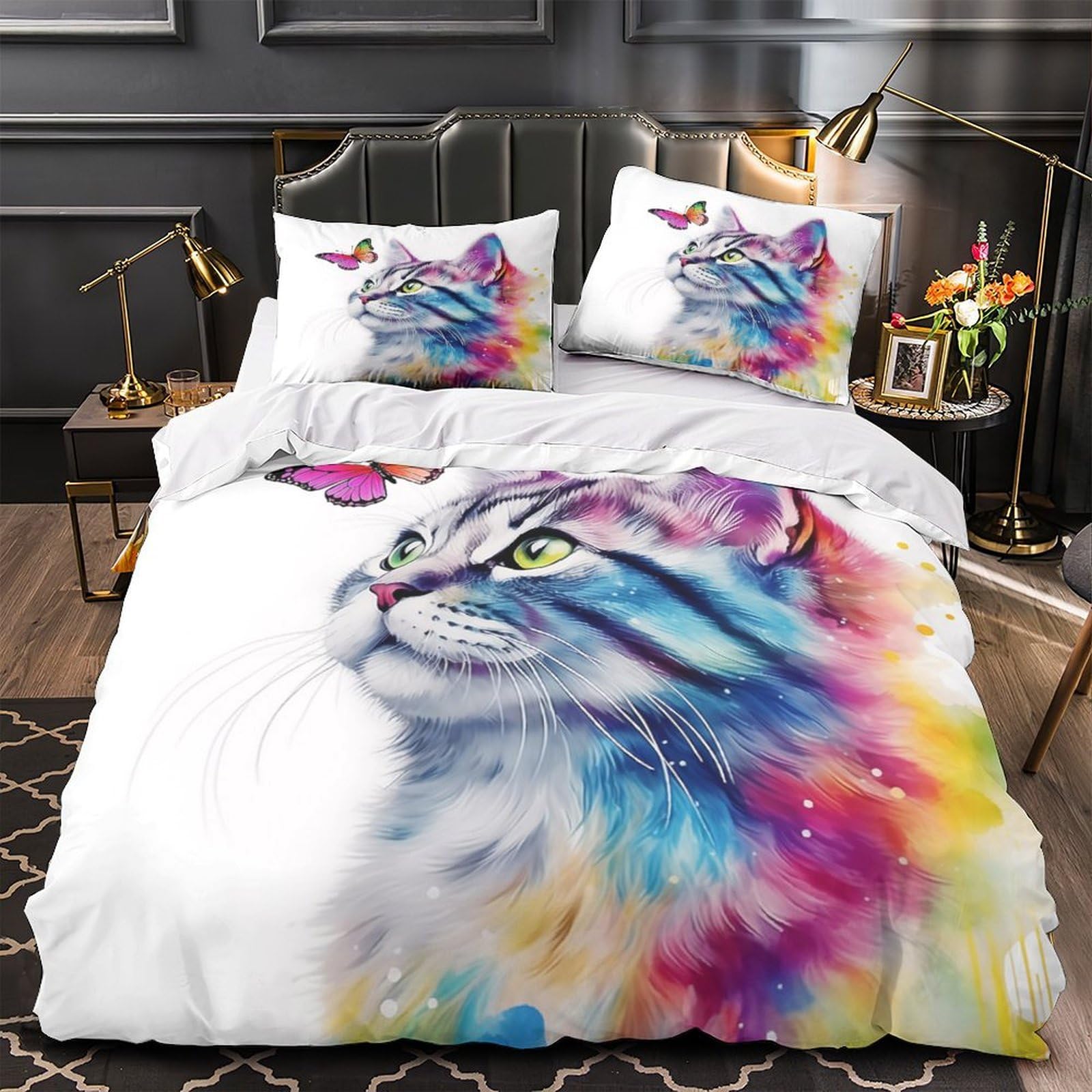 Colorful Cat Art Duvet Cover 3D Print Durable 3 Pcs Bed Linen Hidden Zipper Watercolor Fantasy Comforter Cover Premium Washable for Kids Adults Women Teens Youth Girls Boys Double（200x200cm）