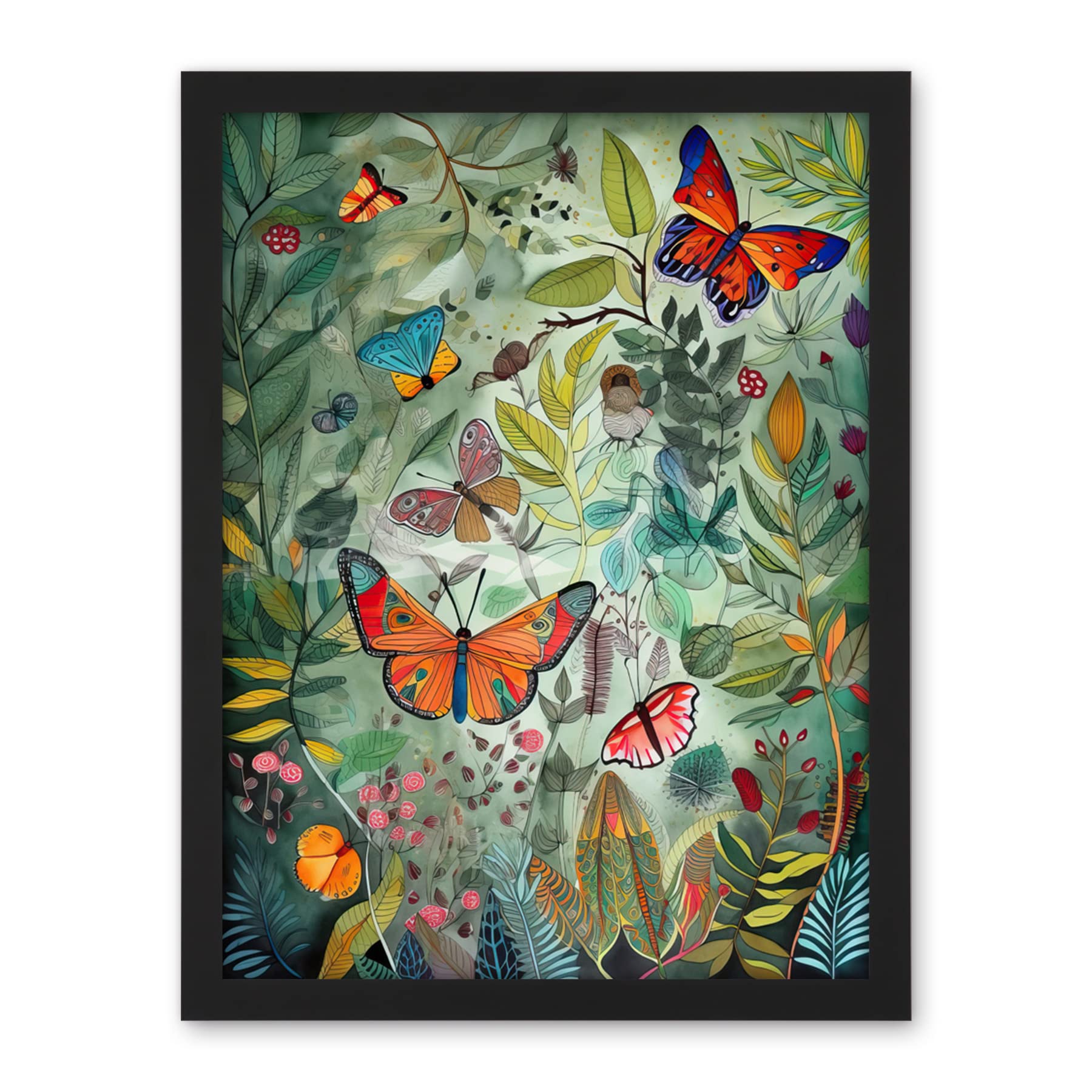 Artery8 Butterflies in a Spring Field Modern Folk Art Artwork Framed Wall Art Print 18X24 Inch