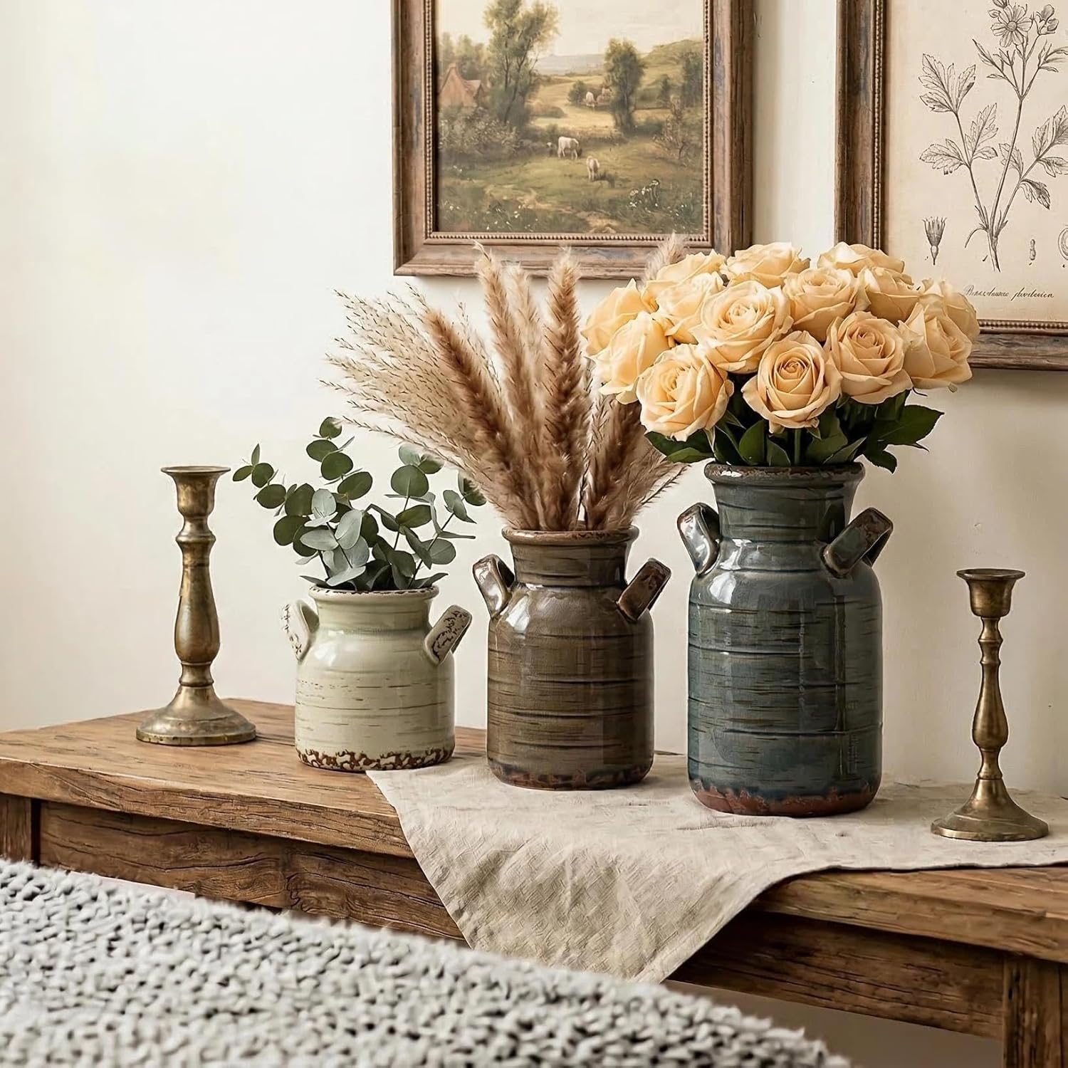 Vintage Ceramic Flower Vase with Handles Set of 3 for Centerpiece,Rustic Farmhouse Decorative Vase for Table Bookshelf Entryway Dresser Console Bathroom Home Decor (Dark Blue & Beige)