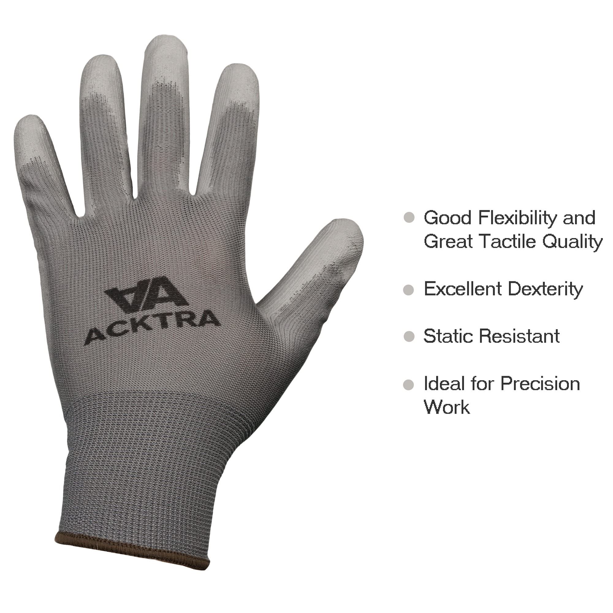 ACKTRA Guantes de trabajo de seguridad de poliuretano ultrafinos, 12 pares, WG002 negro/negro, talla S