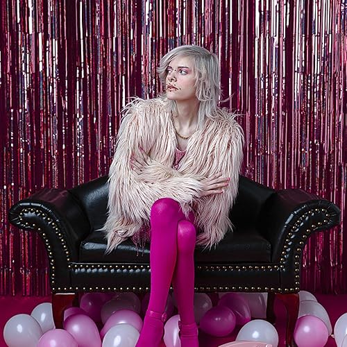 Miniatura 7 de Paquete de 2 telón de fondo rosa para decoración de fiesta, cortina de oropel para fiesta, telón de fondo de papel de aluminio con flecos,