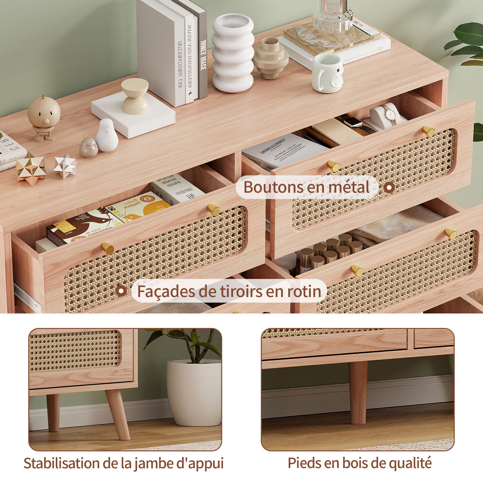 Commode met 6 laden, dressoir ladekast van hout, ladekast met metalen handgrepen, voor slaapkamer, woonkamer, kantoor, dressoir highboard met veel