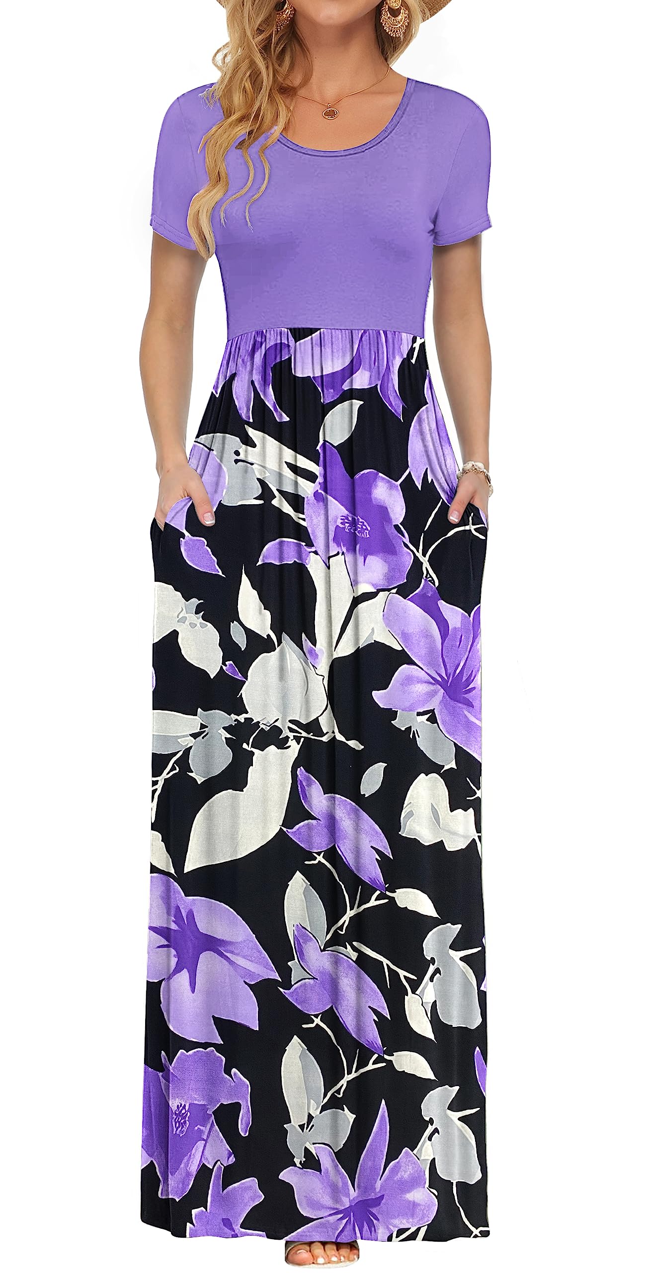 AUSELILY Women's Summer Short Sleeve Loose Plain Casual Long Maxi Dresses | Year Round wear solid floral print, Casual wear, Empire waist, Floor length, Side pockets