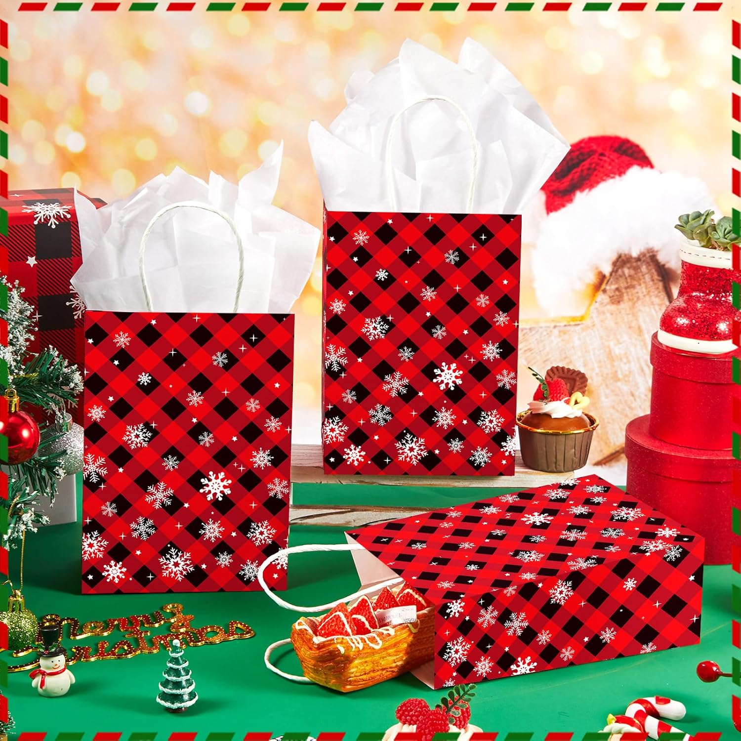 Silkfly 50 Pack Small Red Christmas Party Gift Bag Bulk with White Tissue Paper Red Black Buffalo Plaid Holiday Gift Bag Winter Snowflake Party Favor Bag for Xmas Stocking Stuffer Wrapping Goody