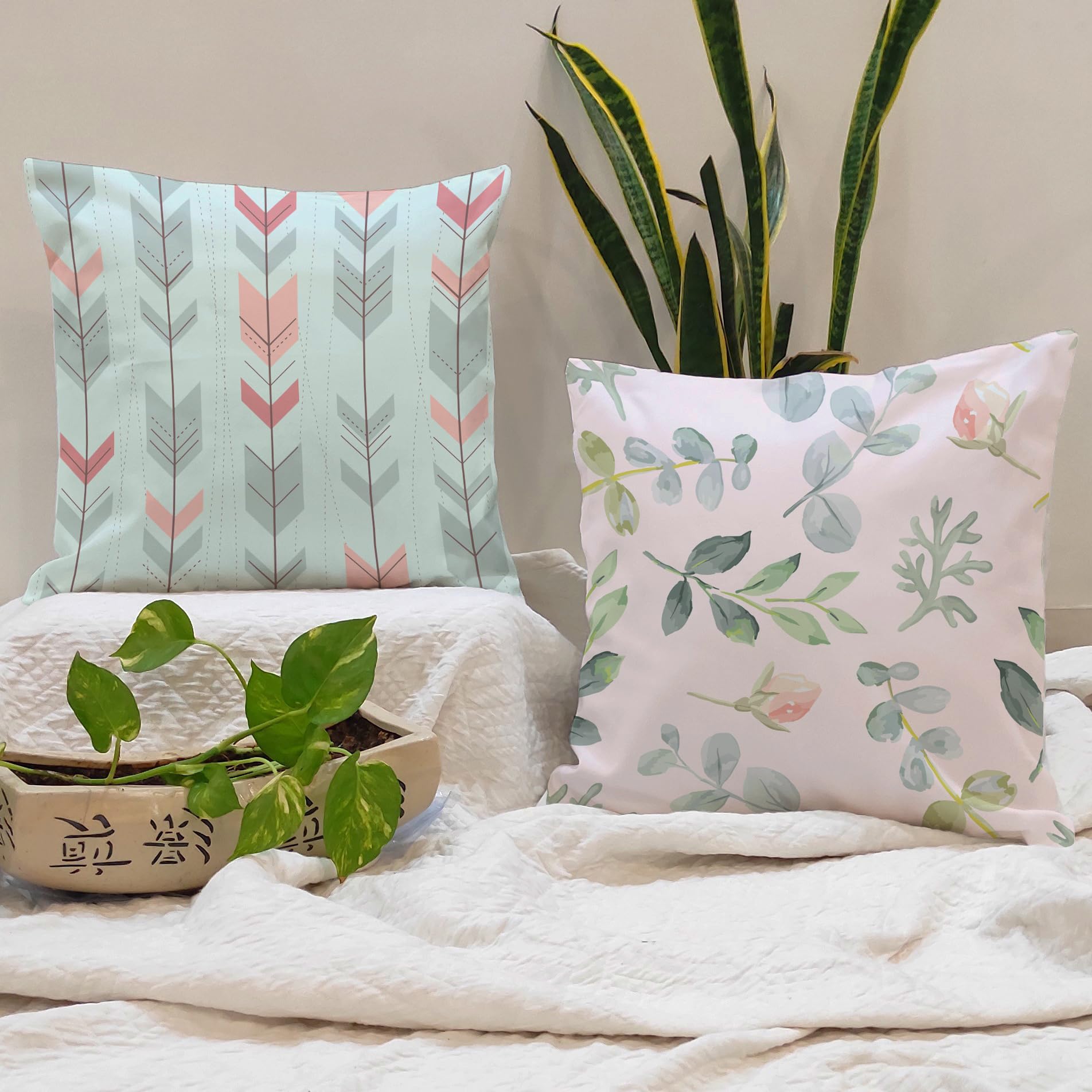 STITCHNEST Set of 2 Pastel Leaf Serenity Collection Printed Jute Cushion Covers 16x16 Inches | Decorative Throw Pillow Covers for Sofa, Living Room, Bedroom | Perfect for Home Decor