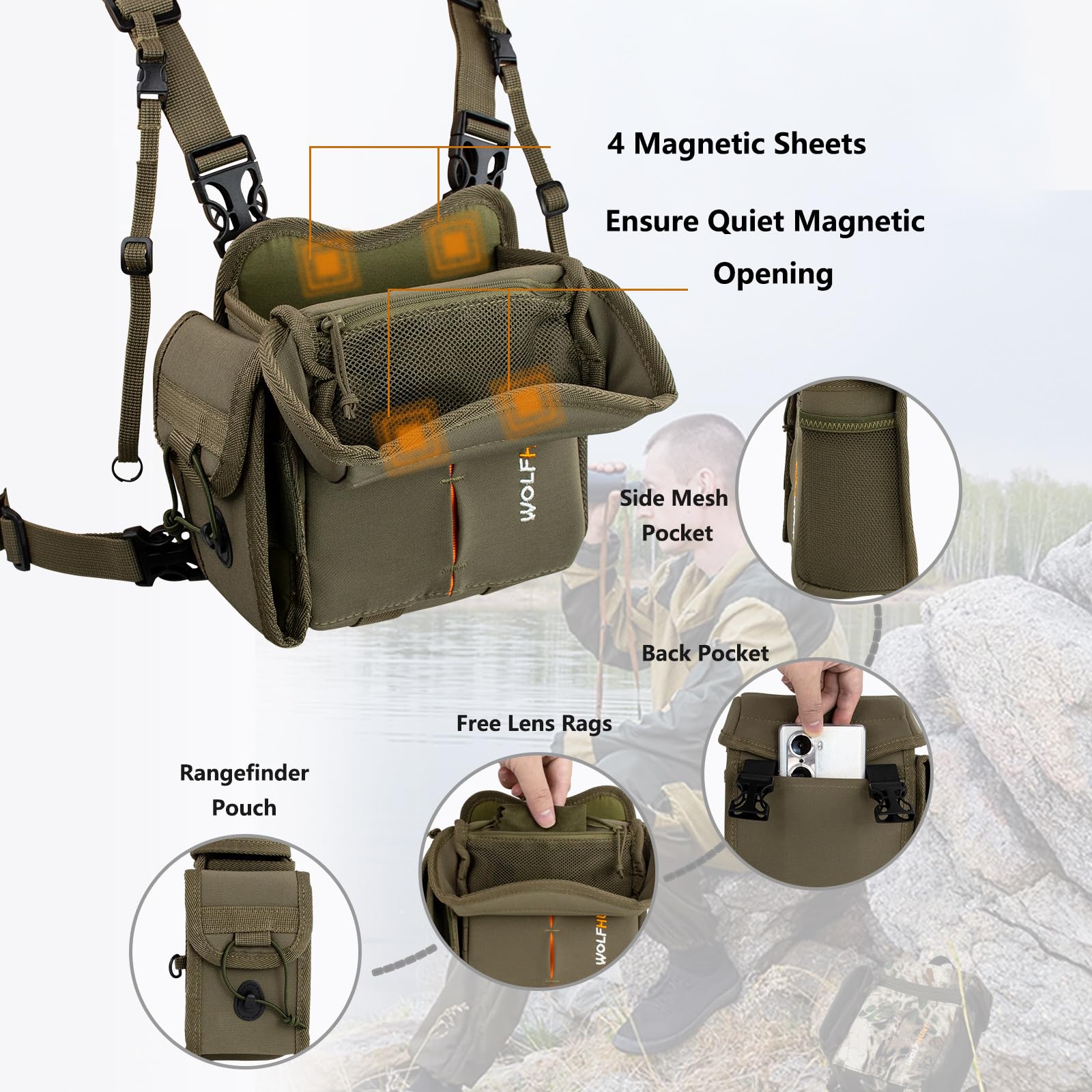 WOLFHUNT - Arnés Binocular con Cierre magnético, Funda para binoculares con Bolsa de telémetro Desmontable, Bolsa de Camuflaje