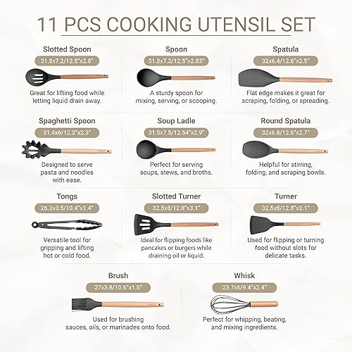Miniatura 2 de Juego de utensilios de cocina de silicona, juego de 11 utensilios de cocina para cocinar, juego de espátulas sin BPA con asas de madera resistentes