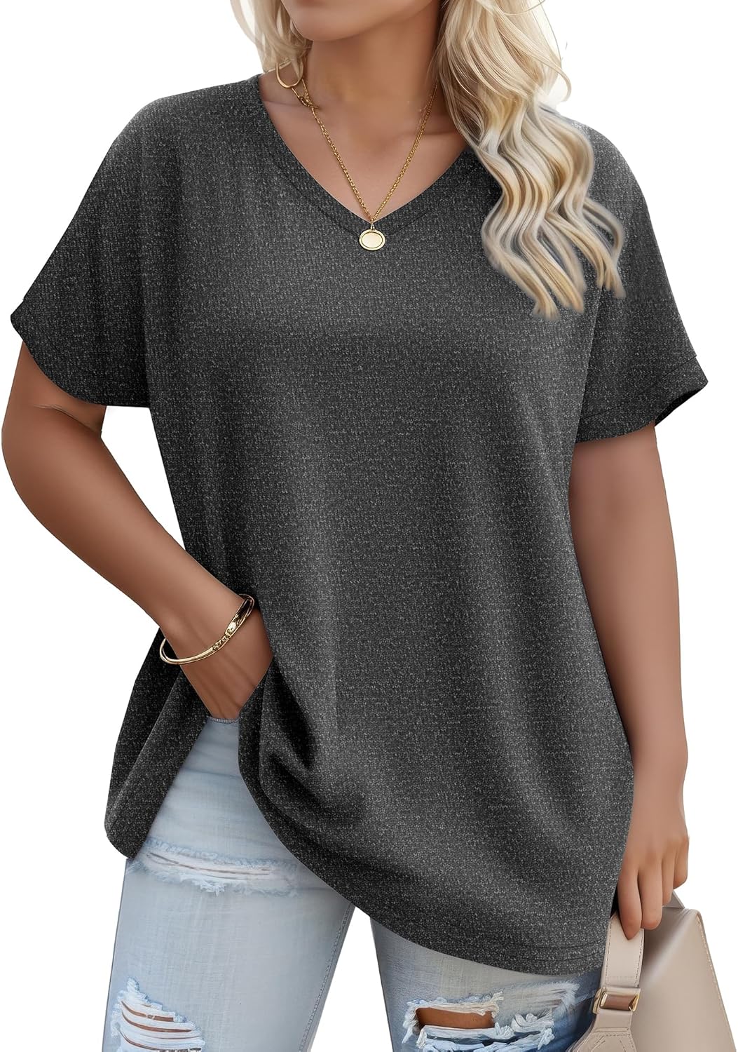 HOMEYEE Plus Size Women's Short Sleeve V Neck Tunic Tops Oversized T-Shirts Casual Loose Basic Tee Daily Outfits