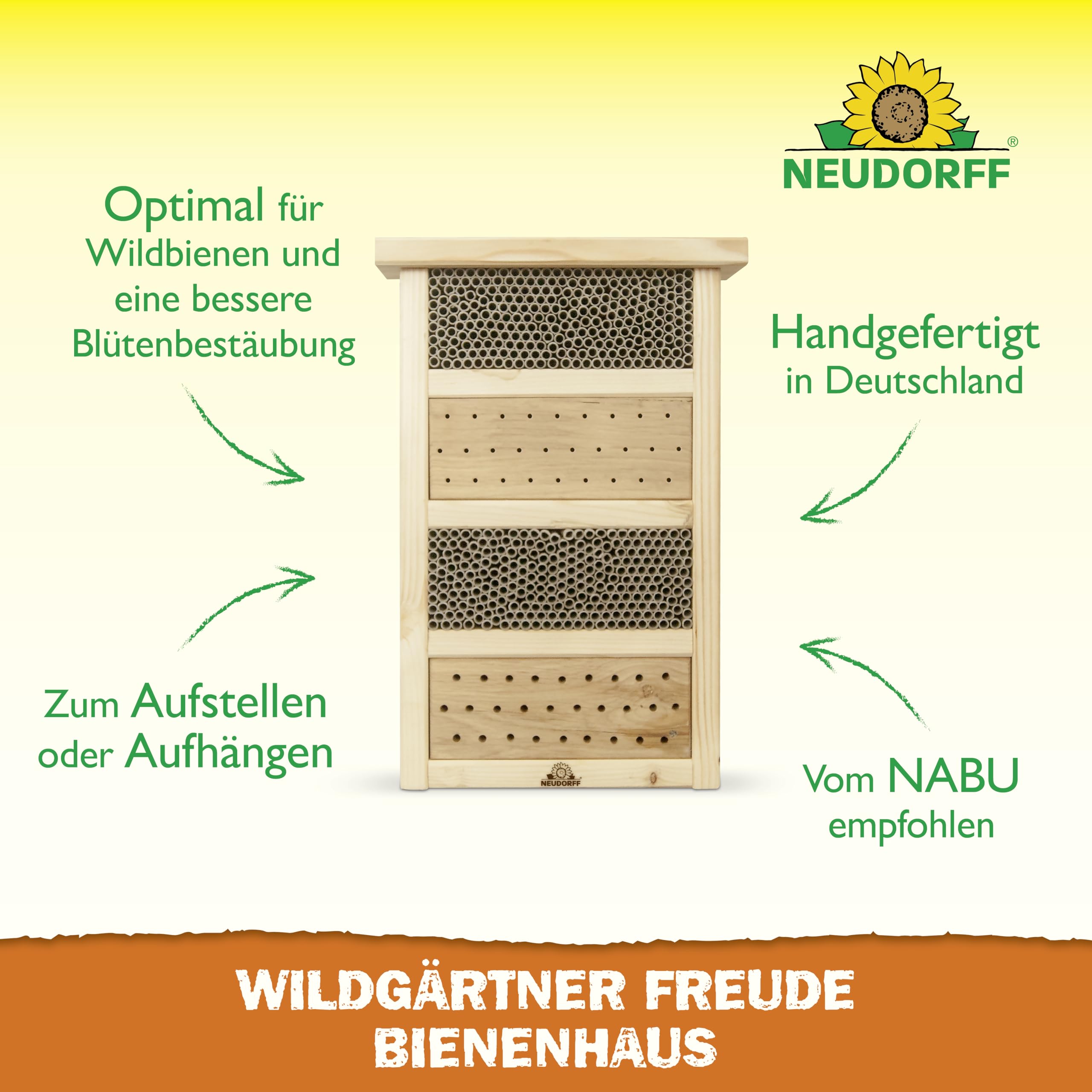 Neudorff Wildgärtner Freude apiario – Fatto a mano per api selvatiche da appendere e appoggiare, resistente alle intemperie, 1 pezzo