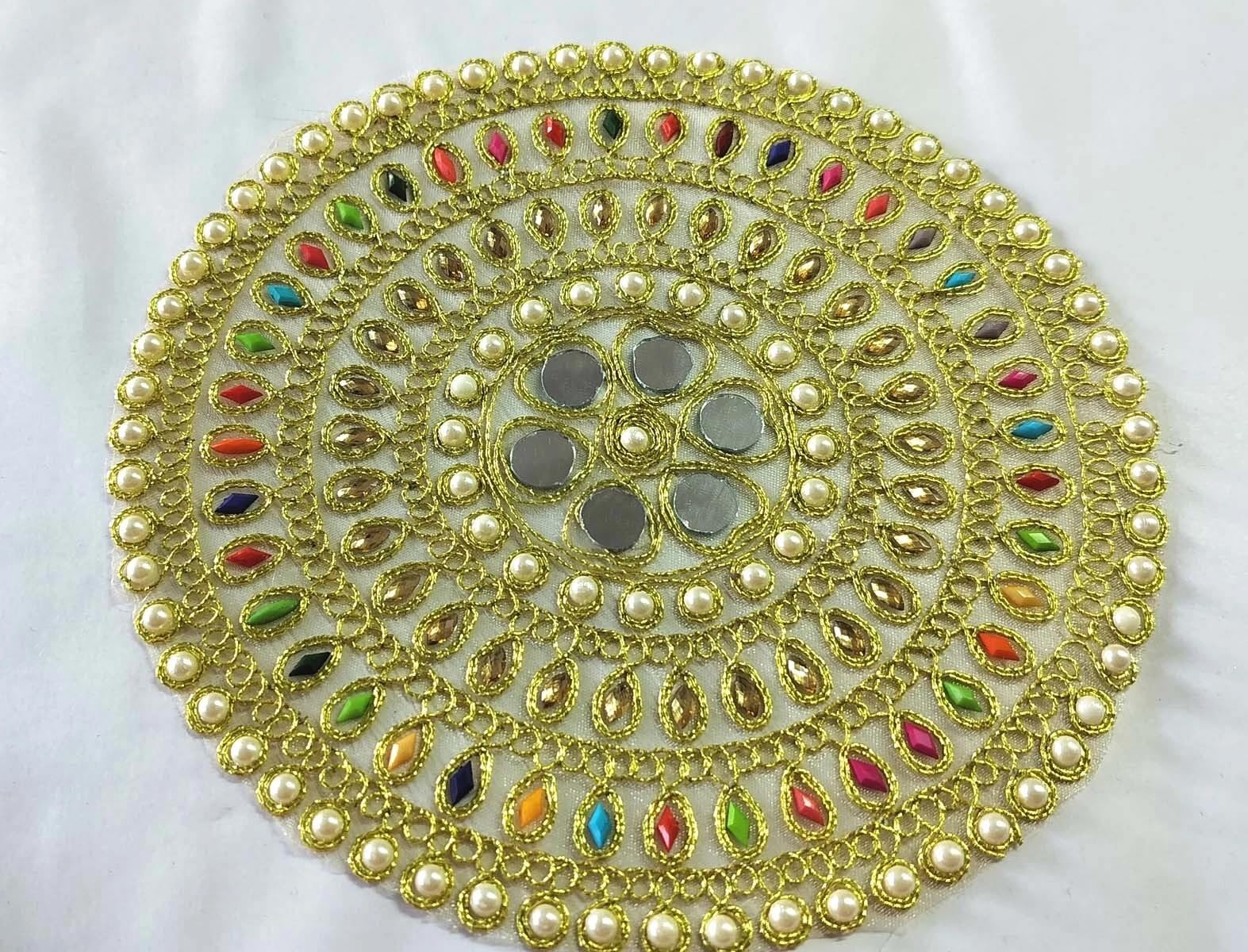 (Set of 4) Traditional Decorative Pooja Aasan Mat with Pearl and Multicolor Beadwork, Gold-Toned (Size 7.5 Inches) Round Diameter-image-27