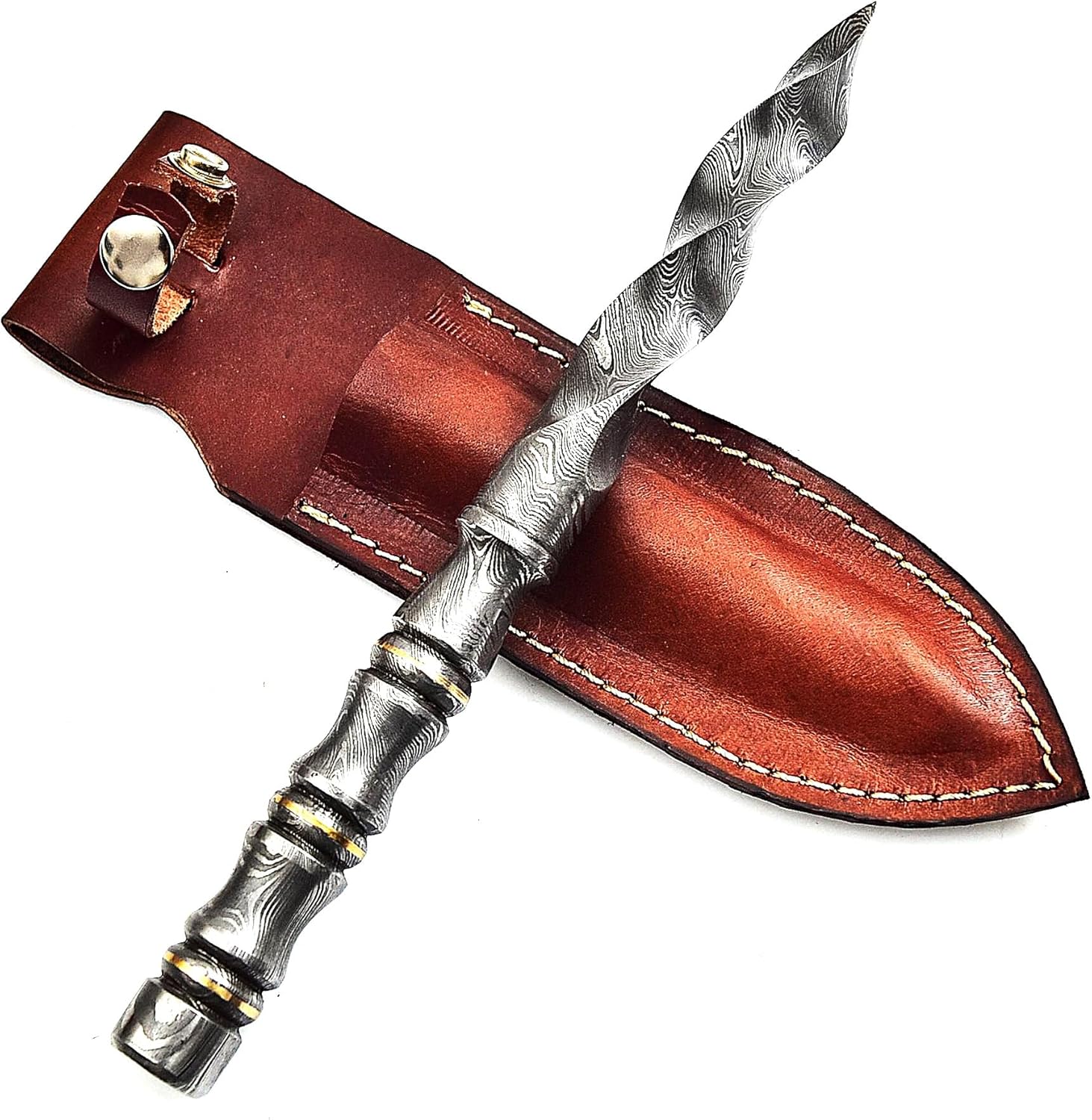 Hand Forged Damascus Kriss Dagger Knife – 10 Inch Tri-Edge Fixed Blade, Full Tang Handle with Leather Sheath, Handmade Collector & Gift Knife