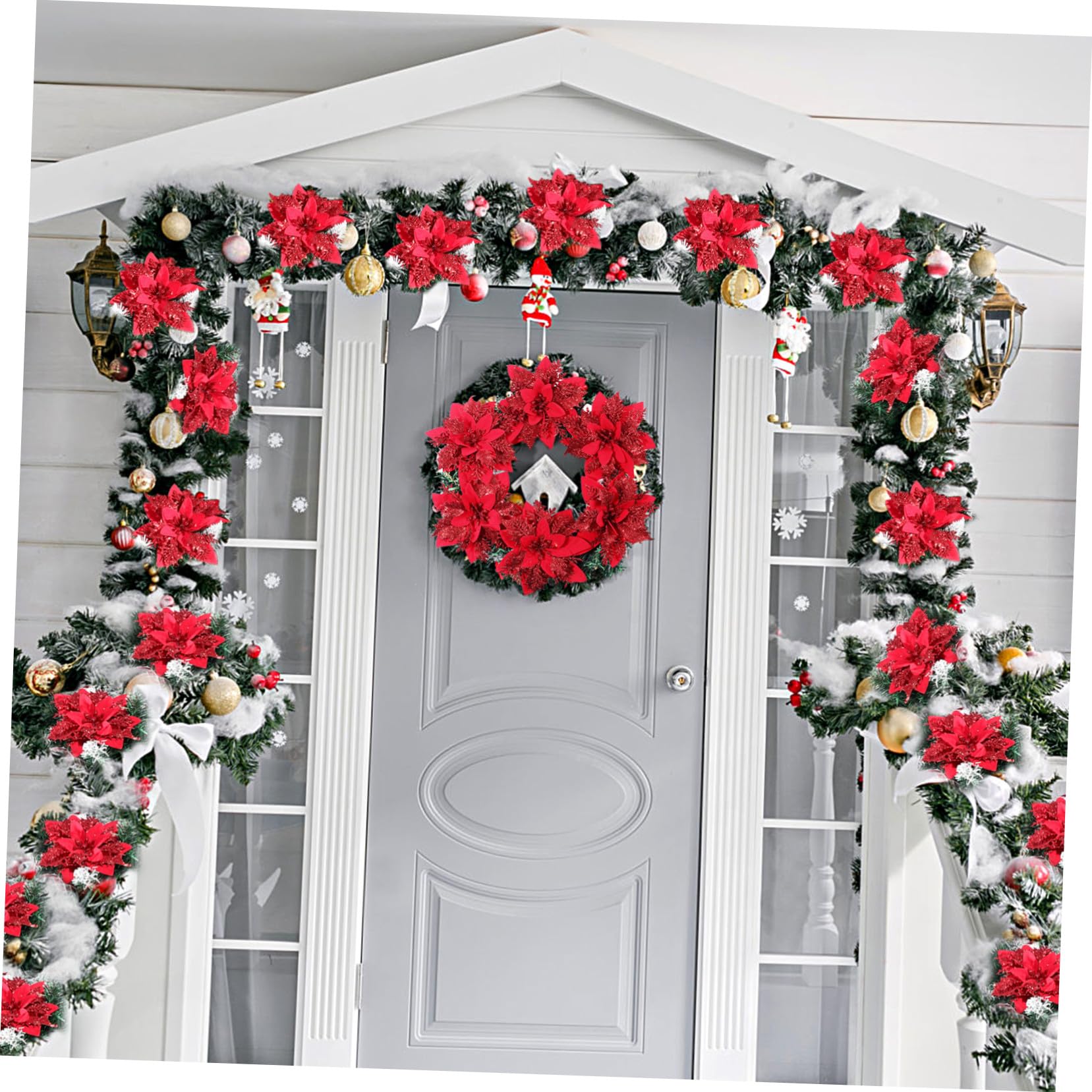 TOYANDONA 12 Piezas de Decoración de Flores Artificiales Poinsettia de Navidad para La Decoración del Árbol de La Guirnalda de Navidad con 12 Piezas de Clips Y Tallos Rojo Brillante