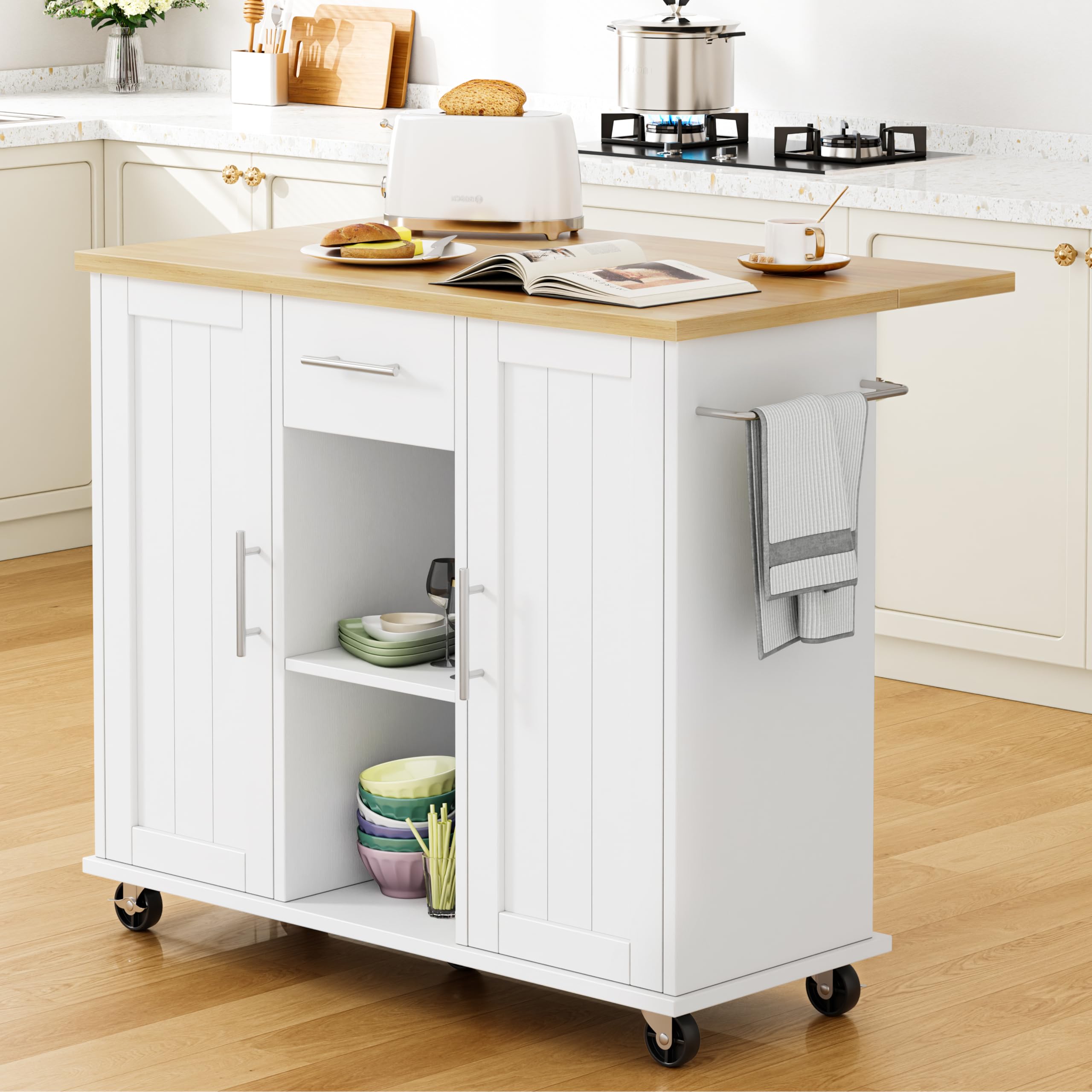 Shintenchi Kitchen Island with drop leaf extended, showing items on top and two bar stools