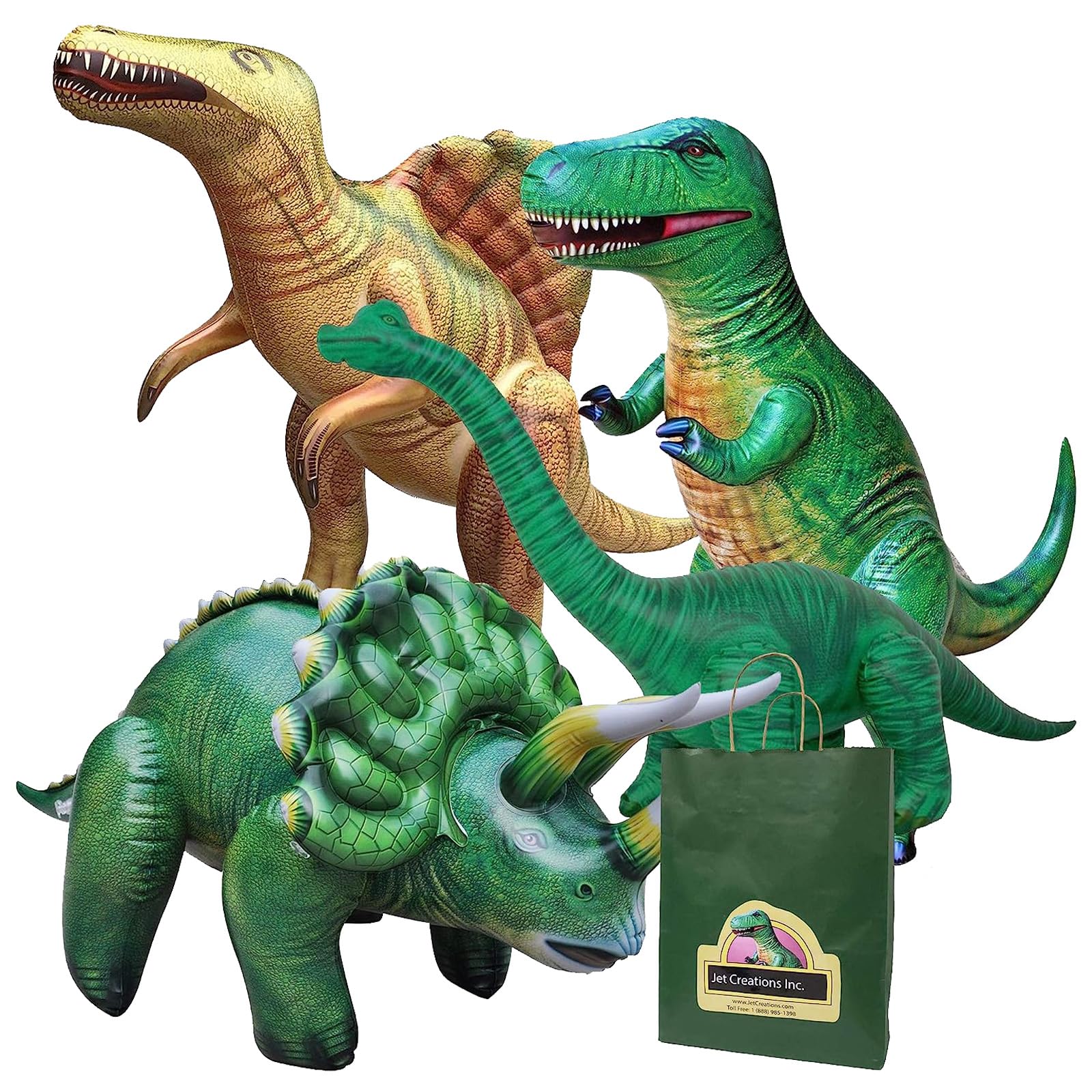 4-pk Inflatable Dinosaurs Combo, T-rex Brachiosaurus, Spinosaurus, Triceratops. Great for Pool, Party Decoration. Size Range Approx. 37 to 53 inch, Multicolor