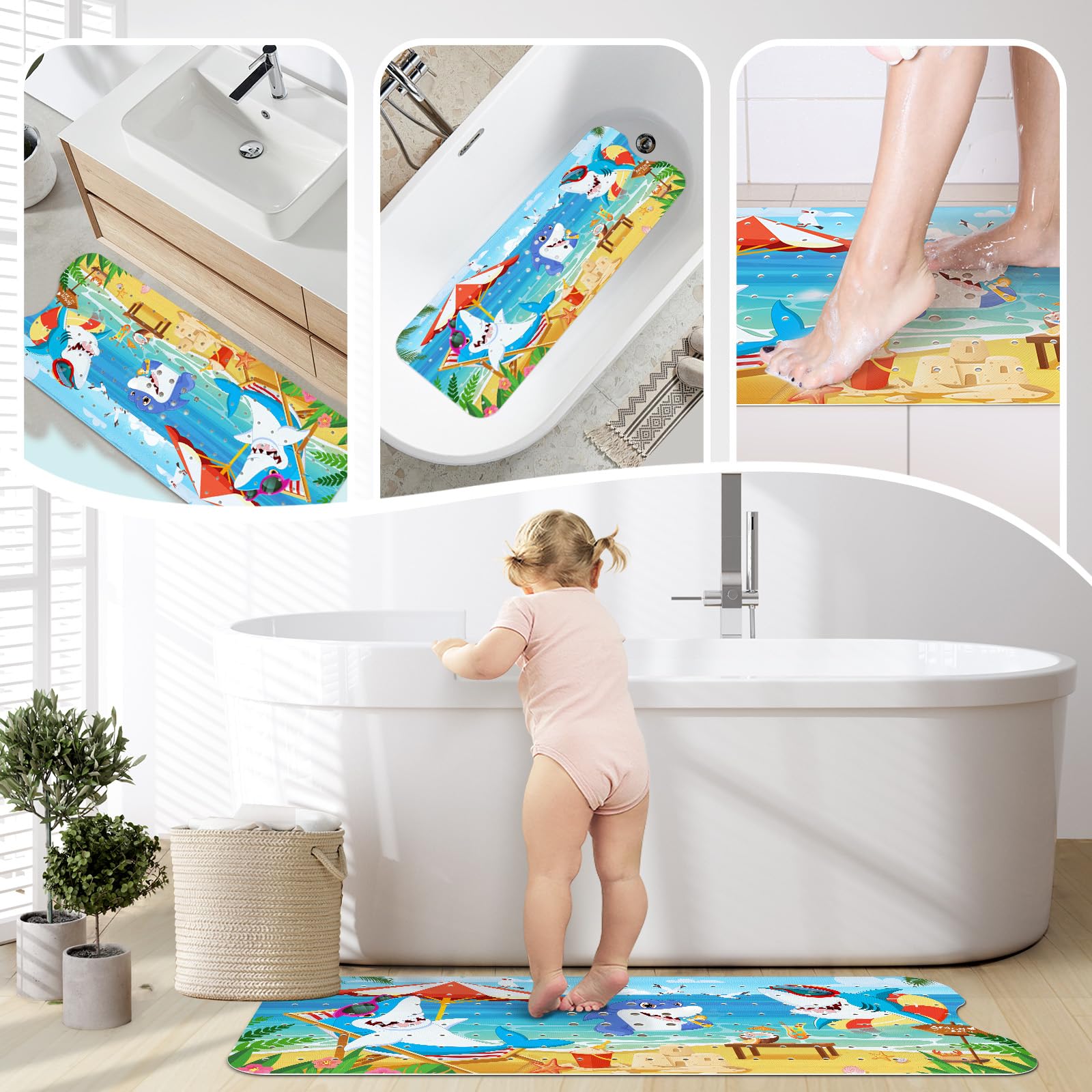 SHUCHING Tapis de Bain Antidérapant pour Enfants, Tapis Antidérapant Baignoire Bebe 100 X 40 cm, Tapis de Douche, 100% sans BPA et Lavable en Machine (Requin)