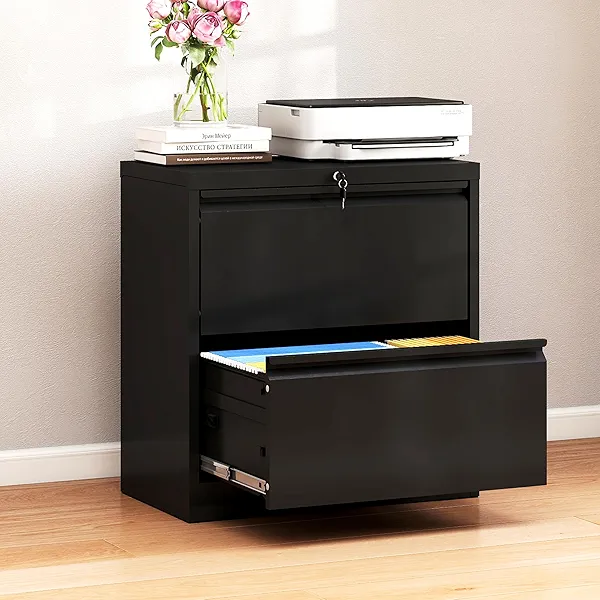 2-Drawer Lateral File Cabinet with Lock, Black Metal Filing Cabinet for Office or Home – Secure Storage for Letter/Legal/A4/F4 Documents, Easy to Assemble Locking File Organizer (Black, 2 Drawer-26"W)