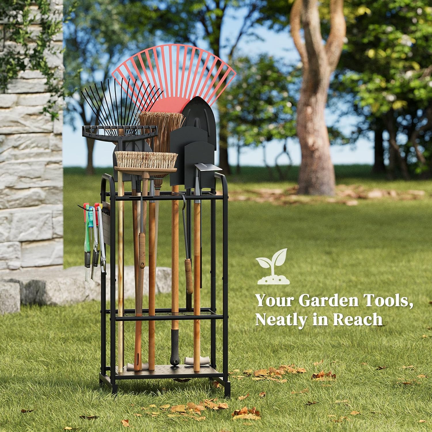 Garden Tools Organizer Rack, Yard Tool Rack, Heavy Duty Steel Yard Tool Organizer and Storage Holder Broom Holder for Shed, Patio, Outdoor (Rack with Hooks)