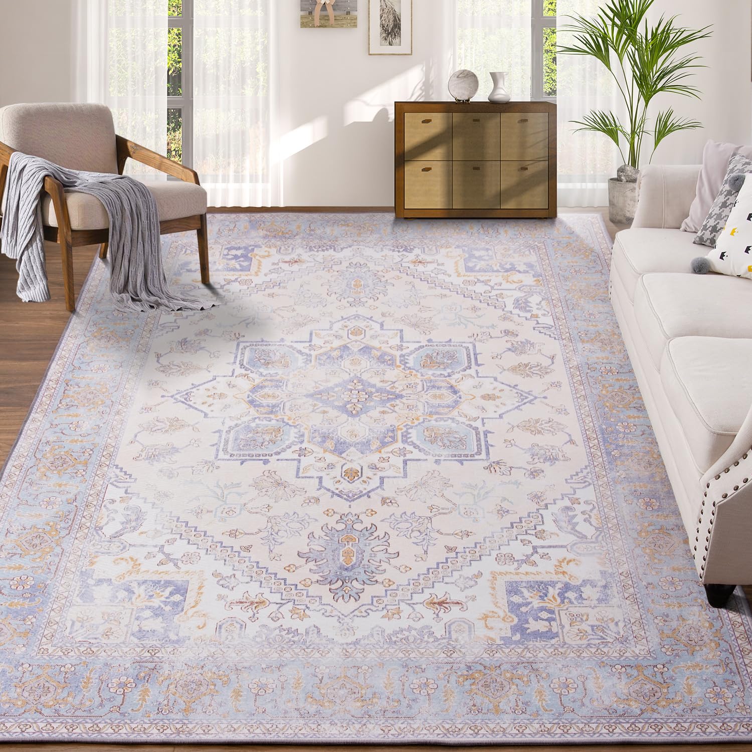 OHWPEAT Vintage 5x7 Area Rugs for Living Room Bedroom, Throw Rug Large Retro Print Rug for Kitchen Dining Dorm Office Home Decor, Non Slip Washable Rug Floral Indoor Floor Carpet, Cream White