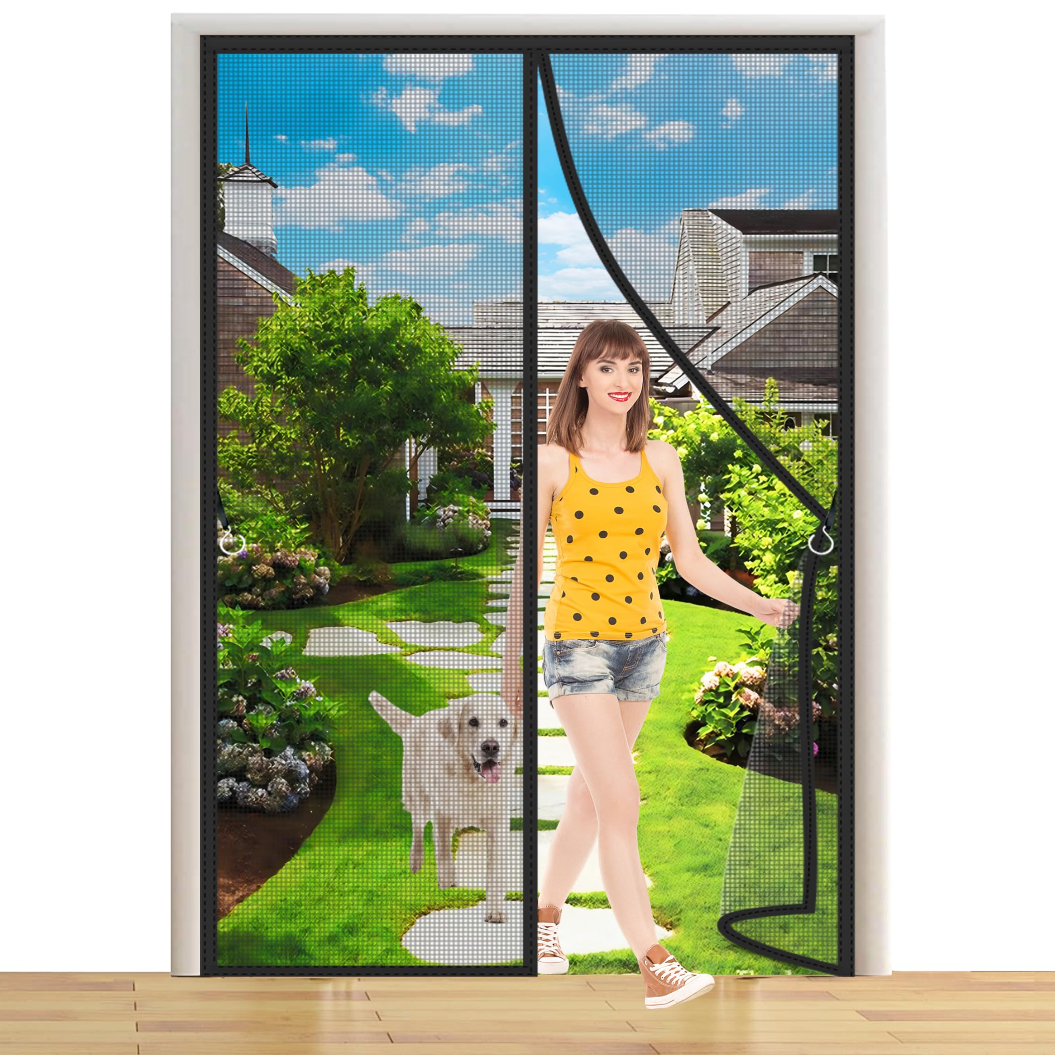 Magnetic Screen Door 150x200cm Hands Free Instant Mesh Mosquito & Bug Net Curtain Keep Open with Hook&Loop Straps Easy to Install for Living Room Balcony Sliding Doors Black