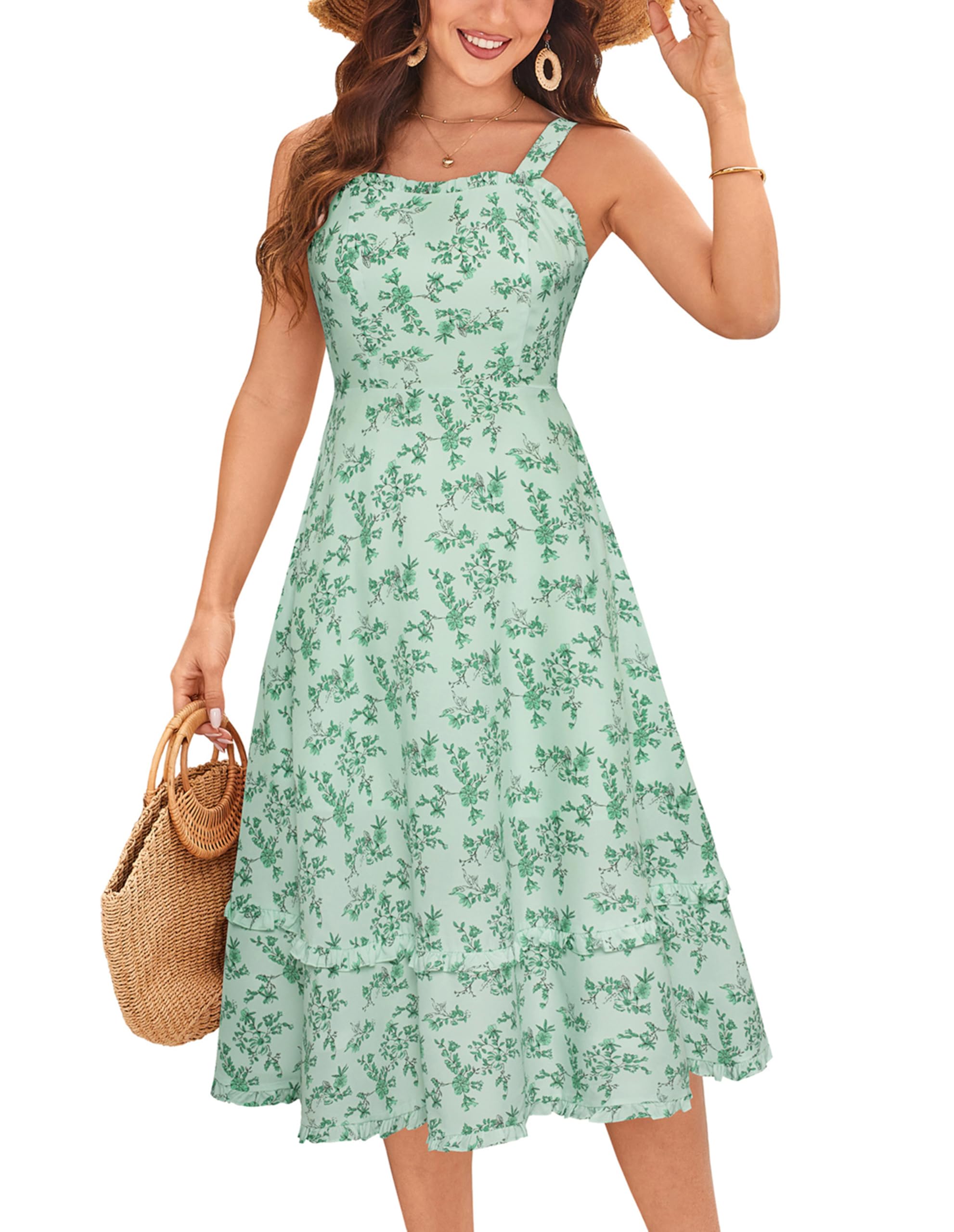 Belle Poque Women Summer Dresses 2026 Square Neck Spaghetti Strap Midi Dress Beach Vacation Sundress