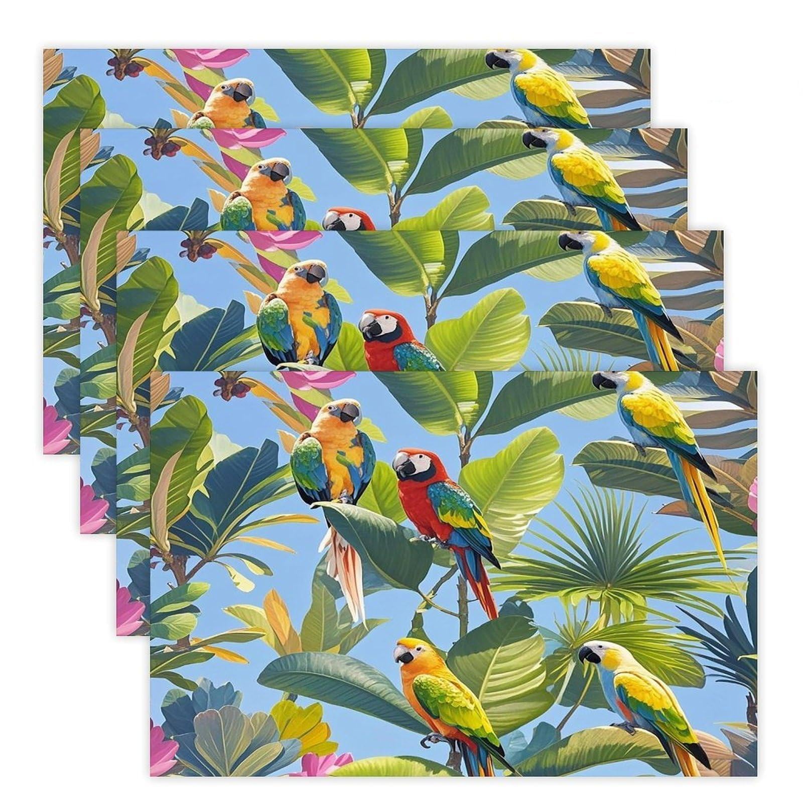 Tropical Plants and Parrots Placemats Flax Place Mats for Dining Table Rectangle Non-Slip Table Mats Heat Resistant Washable Placemat for Kitchen Home Decor Party Outdoor 12" X 18"