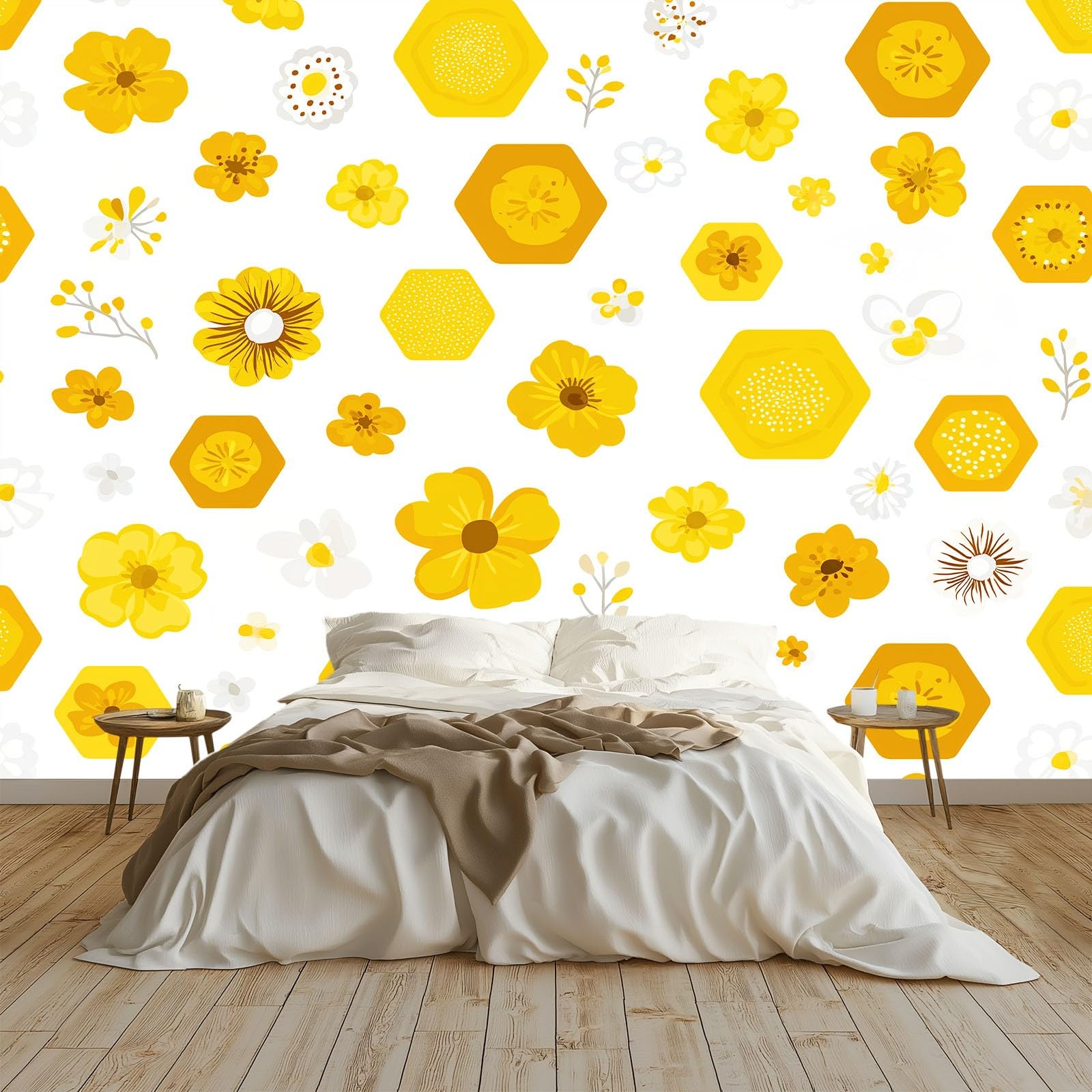 Générique Panoramiczna tapeta Cartoon Flowers Sześciokąty Liście trawy 350 x 256 cm Wysokiej jakości gobelin ścienny z włókniny - dekoracja ścienna, do pokoju dziecięcego i biura biała