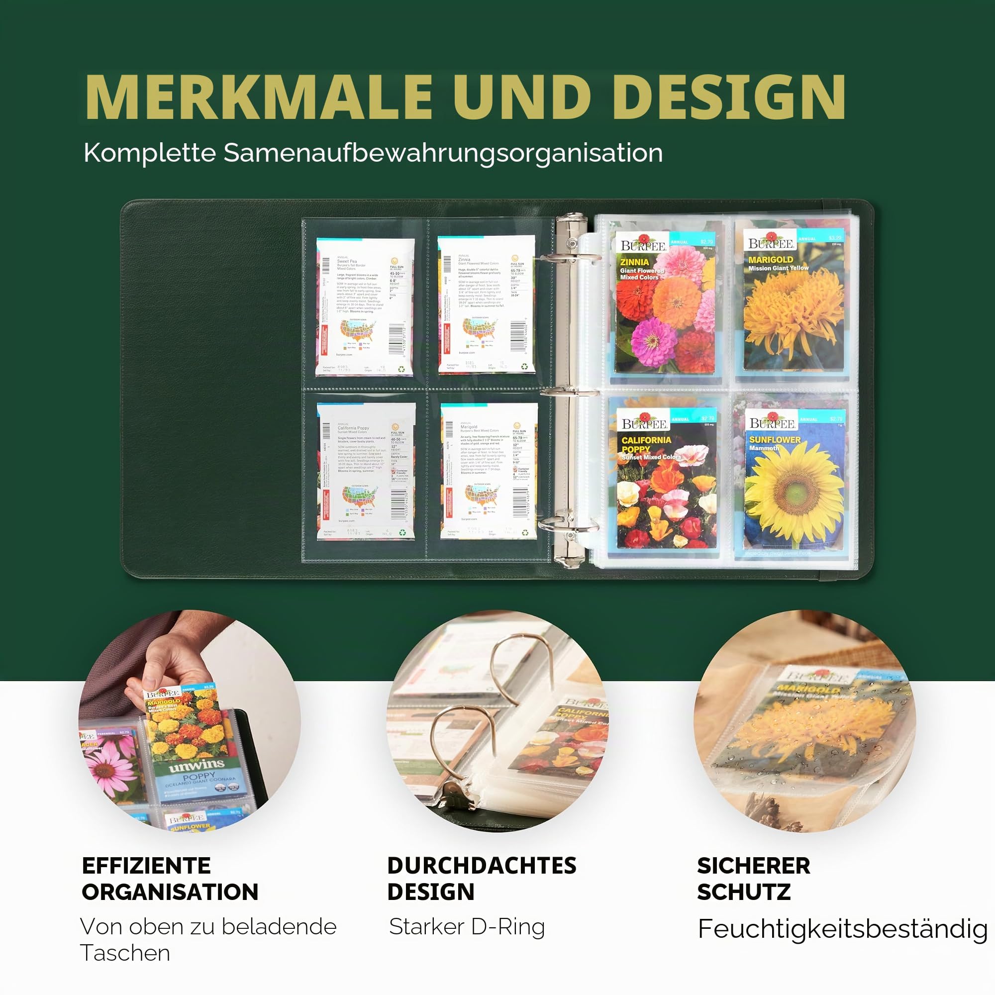 Saatgutaufbewahrungsordner – Samenpaket-Organizer mit 50 Blattschutzfolien, die 200 Samenumschläge aufbewahren können. Samenaufbewahrungsbinder liefert komplettes Saatgutspar-Set für jeden