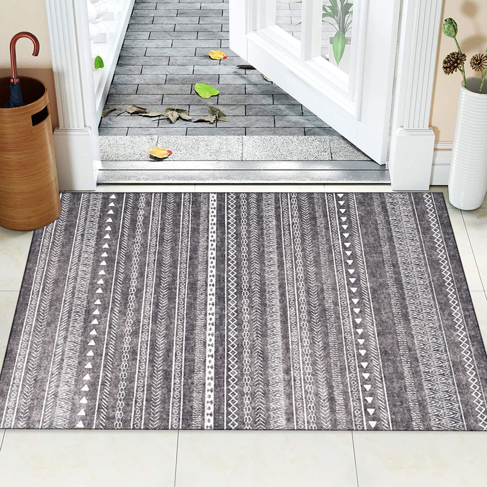 Läufer Teppich Flur rutschfest Teppich Läufer für Küche Wohnzimmer Modern Marokkanisch Grau Streifen Design