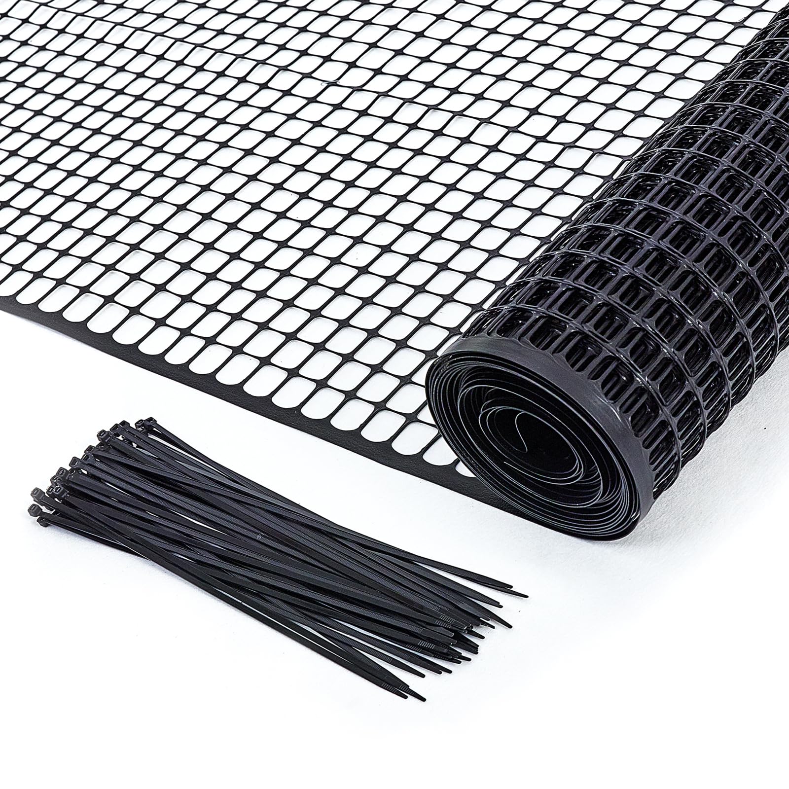 Plastic Hardware Mesh Netting, Garden Netting, Temporary Fence, Tree Guards, Safety Net for Balcony, Deck, Stair Railing, Animal Barrier, Poultry, Deer, with 50 Zip Ties, 40'' x 25', Black