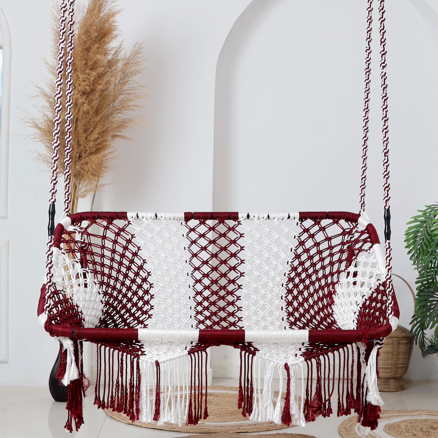 JULJULIA 2 Seater - Premium Hammock Swing Hanging Rectangle Shape Swing for Adults & Kids | Sturdy Cotton Indoor/Outdoor Jula for Balcony - Red & White (Pack of 1)