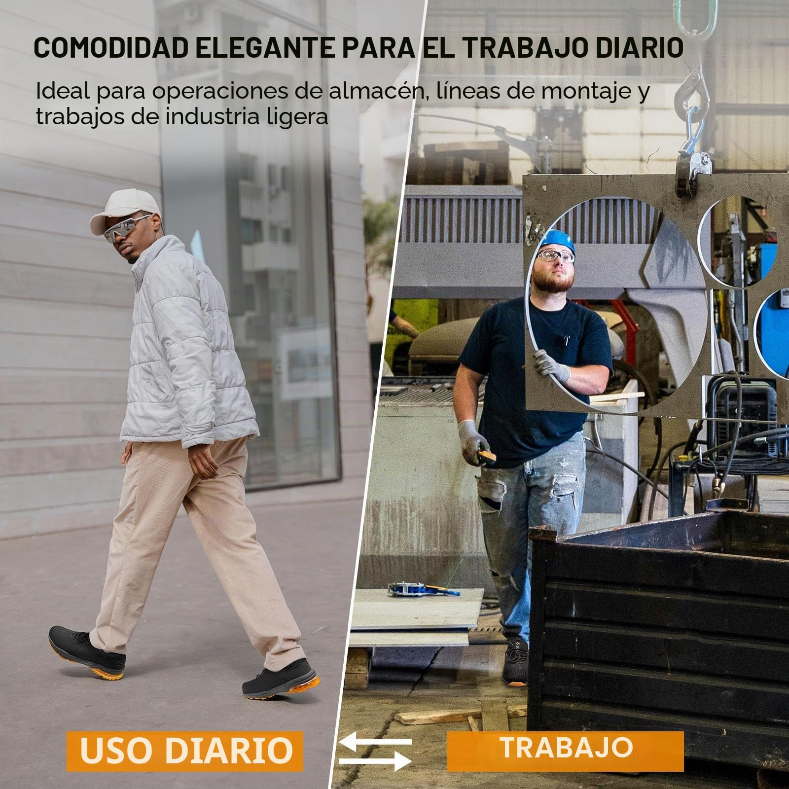 SPIEZ Zapatos de Seguridad para Hombres Mujeres - Puntera de Acero Compuesto sin Amortiguación de Aire, Diseño de Zapatilla de Moda Ligera, Comodidad de Manos Libres, Negro Naranja EU 36-46