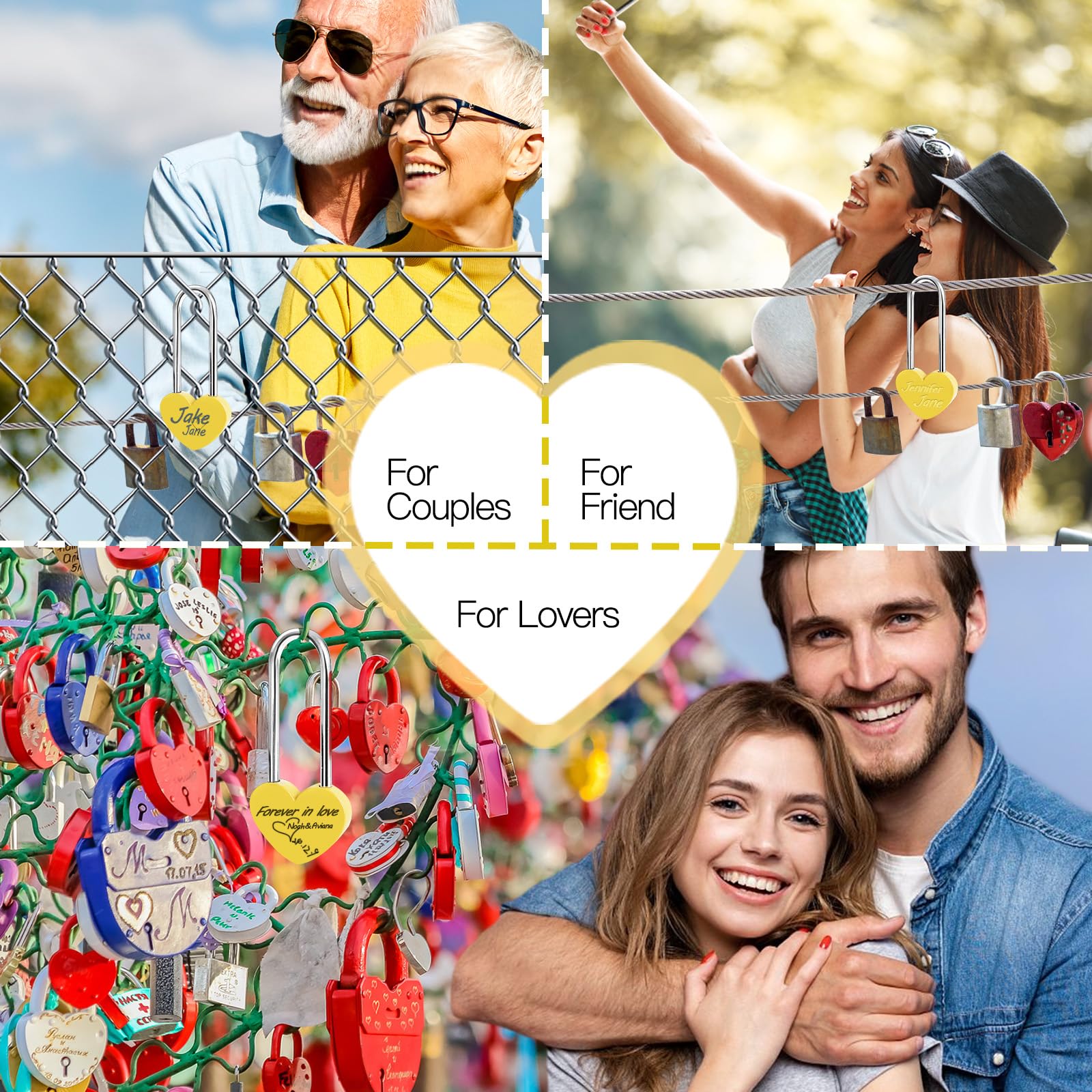 Candado de corazón único sin llave, 5 candados amarillos de 3.5 pulgadas, 50 mm, para puente Lovelock, árbol de deseos (sin llave)