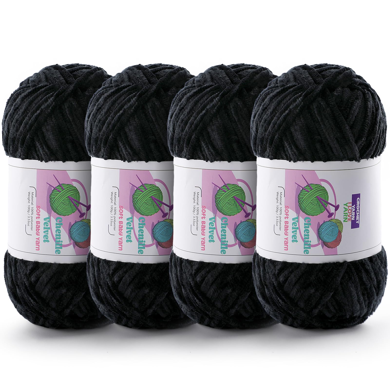 Chenille Velvet Yarn for Crocheting, Black Fuzzy Fluffy Yarn for Crochet
