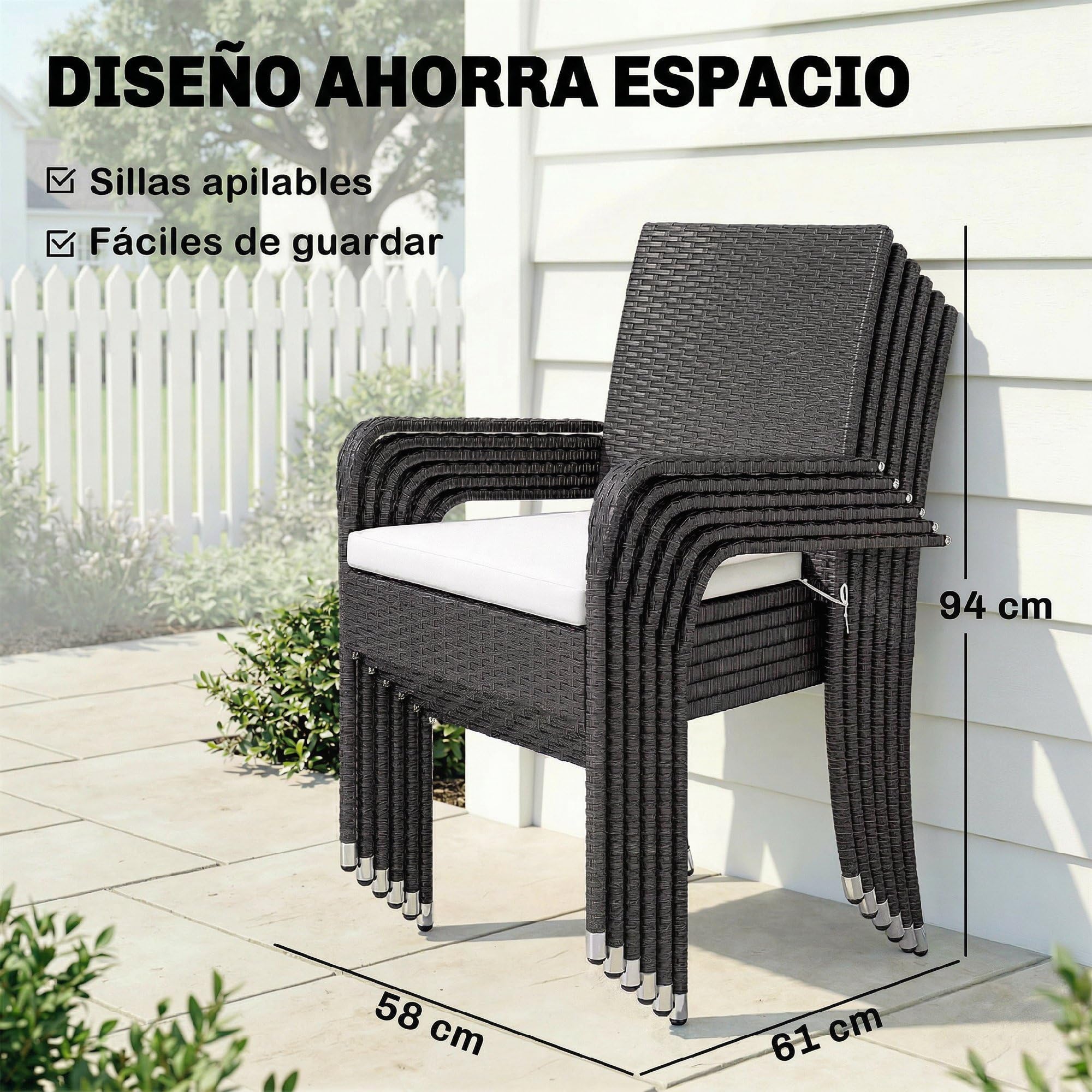 Outsunny Conjunto de Mesa y Sillas Jardín de Ratán de 7 Piezas, Crema | Mesa Extensible 100-150 cm Tablero Madera,6 Sillas Apilables,Cojines Extraíbles,Marco de Acero,Muebles Jardín Exterior