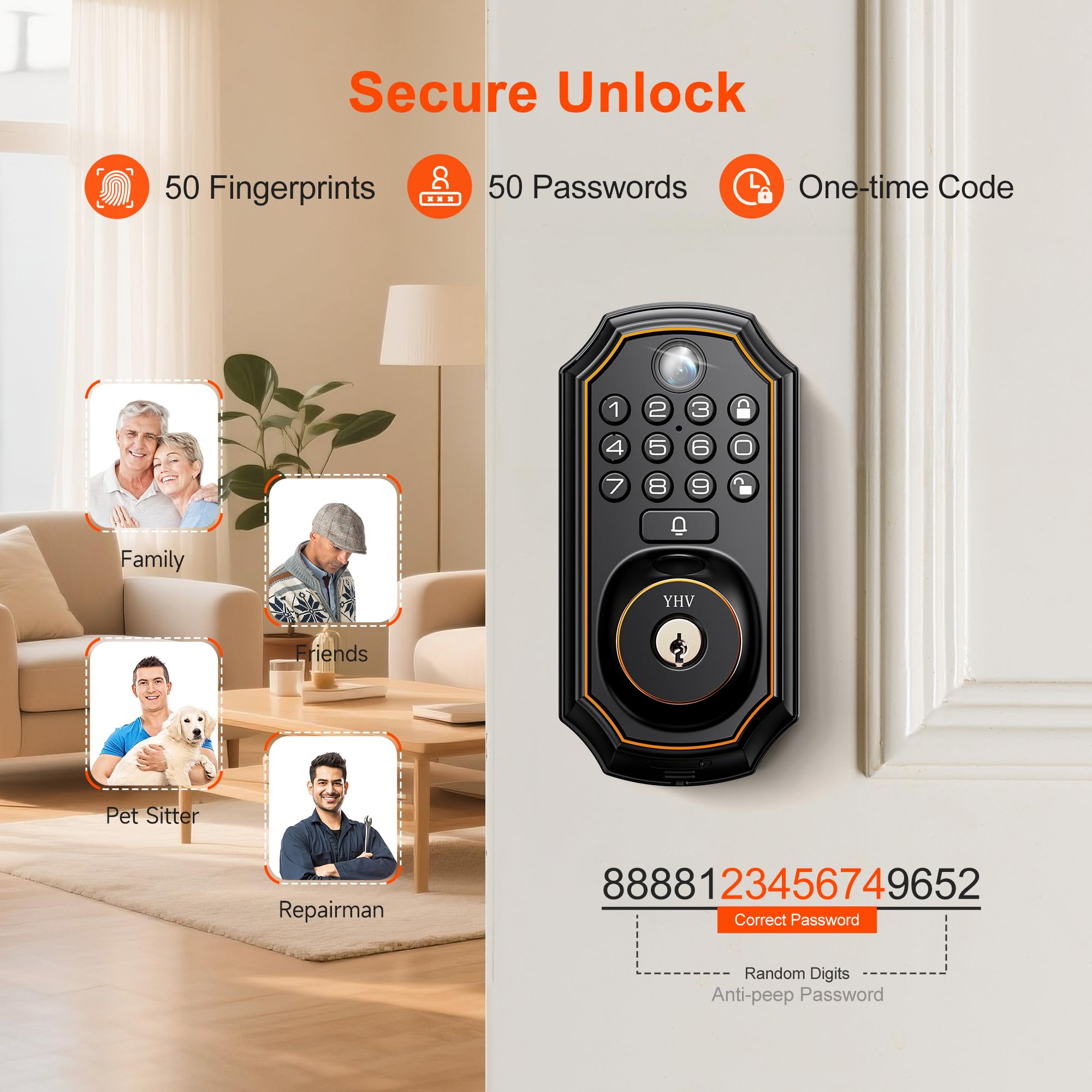 Keyless Entry Door Lock with Camera Electronic Smart Lock Fingerprint Keypad Deadbolt with Code, App Remote Control, Auto Unlock, Wi-Fi Connected, Doorbell for Front Door
