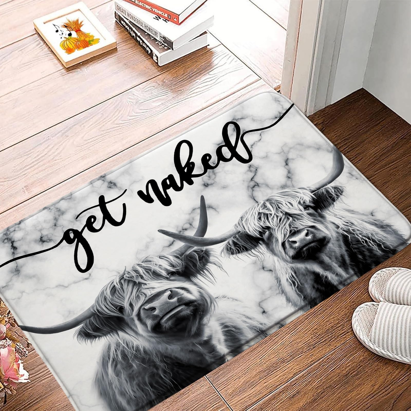 Sunhe Farmhouse Highland Cow Bath Mat Get Naked Western Funny Farm Animal Portrait of Longhorn Bull Rustic Print Microfiber Memory Foam Soft Doormat
