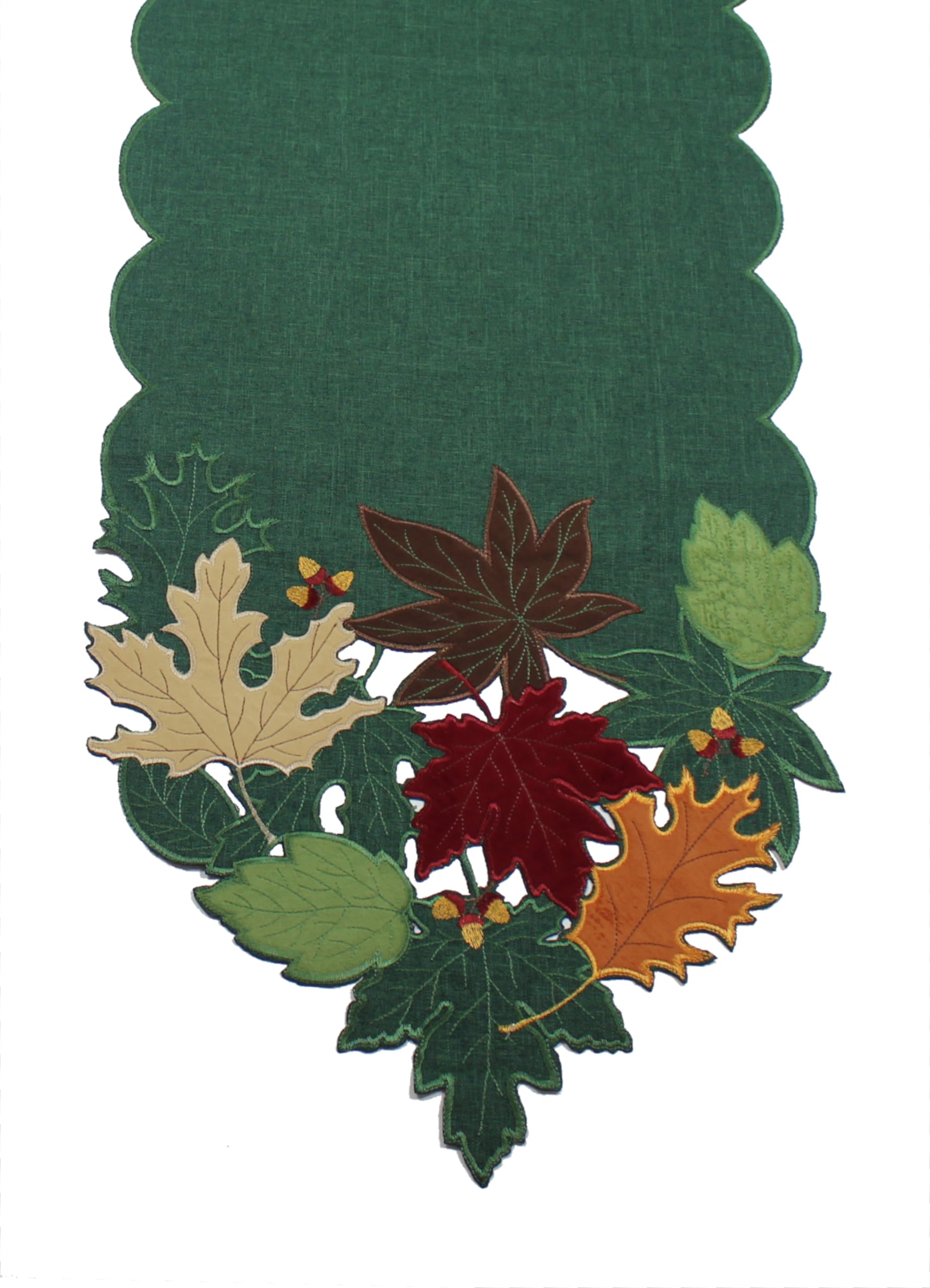 Peggy Wilkins Green/Multi Forest Floor Applique & Embroidered Autumn Leaves And Acorns Table Runner - 14" X 75"