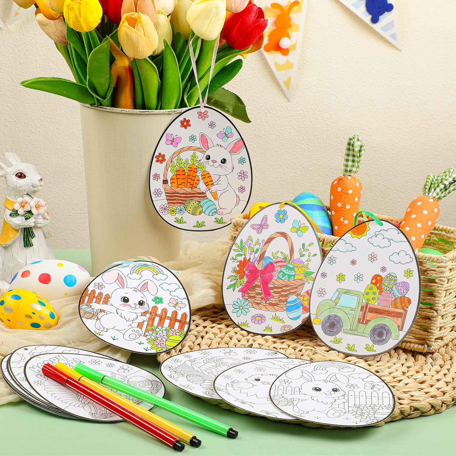 36 Pack Easter Egg Coloring Crafts for Kids Easter Crafts DIY Paint Cards Color Your Own Eggs Hanging Ornaments with Bunny Sheep Chick for Spring Classroom Decor Class Activities Party Favor